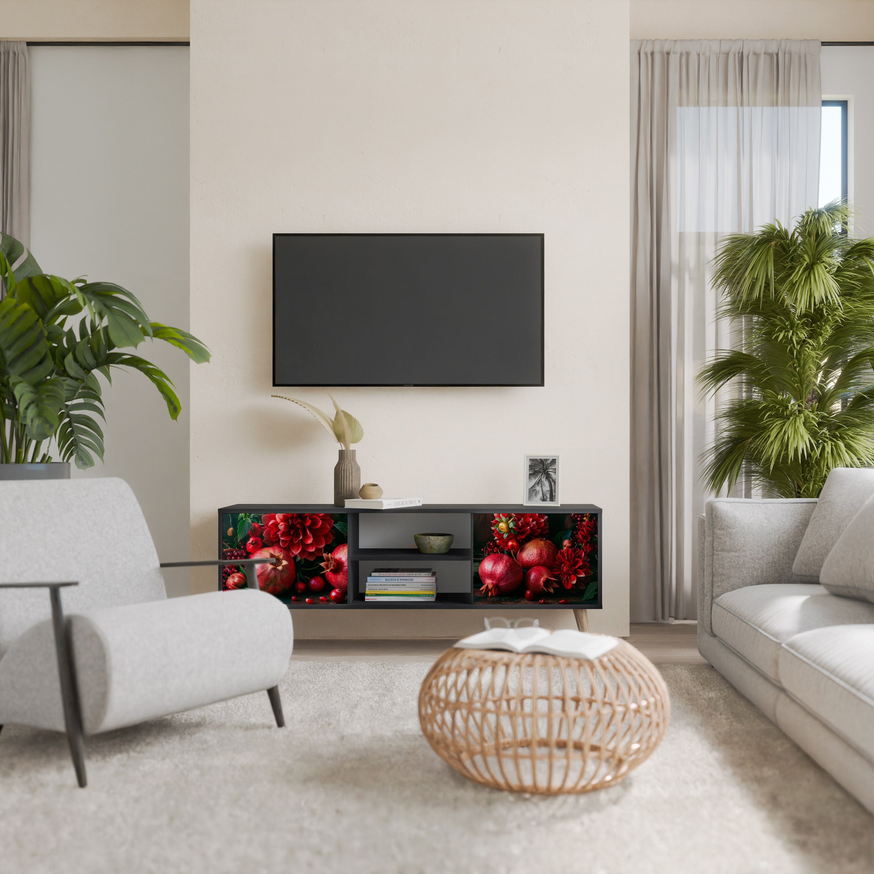 Mueble de TV de 2 puertas DAHLIAS AND POMEGRANATES en acabado negro