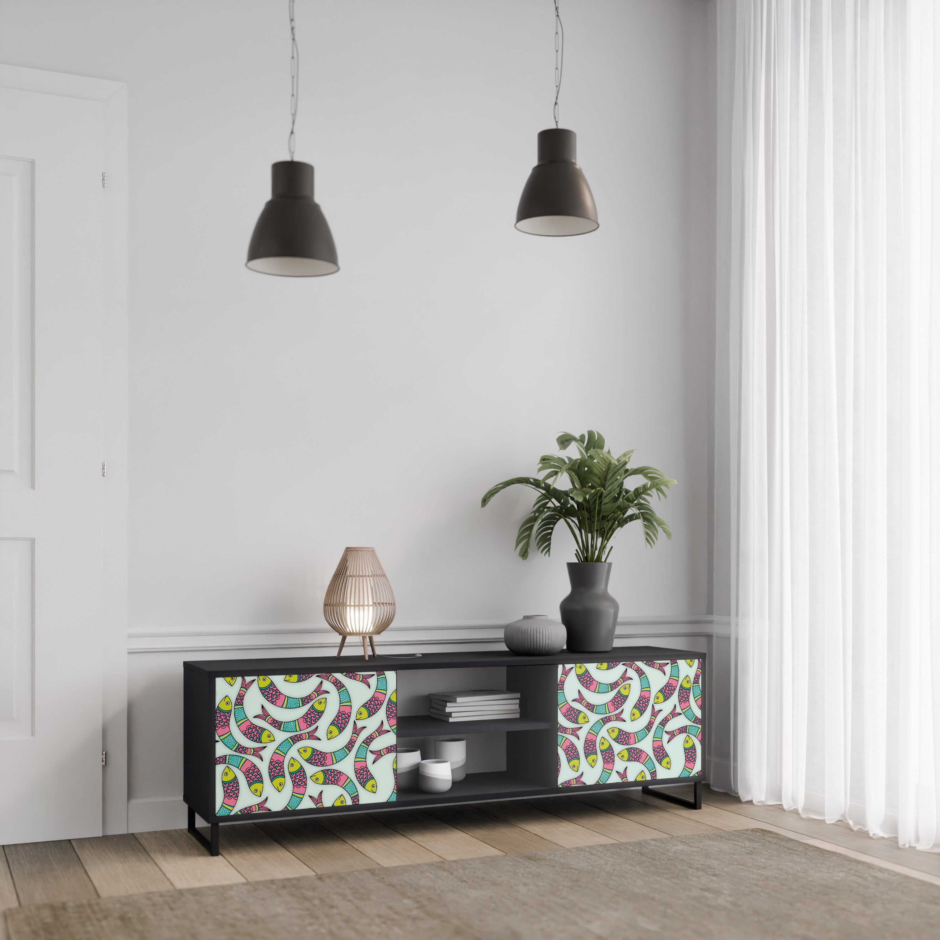 Mueble de TV de 2 puertas INDIAN FISH con acabado negro