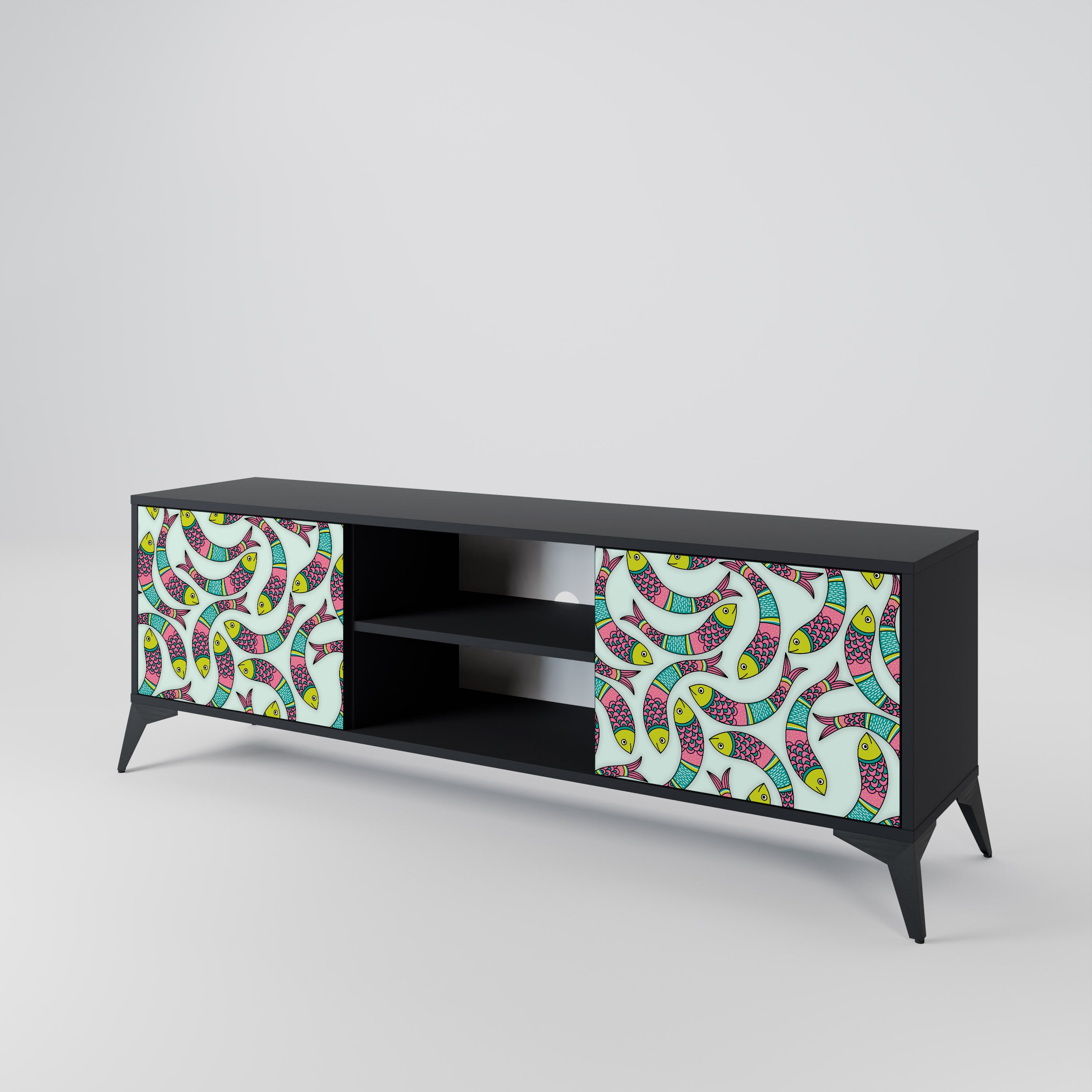 Mueble de TV de 2 puertas INDIAN FISH con acabado negro
