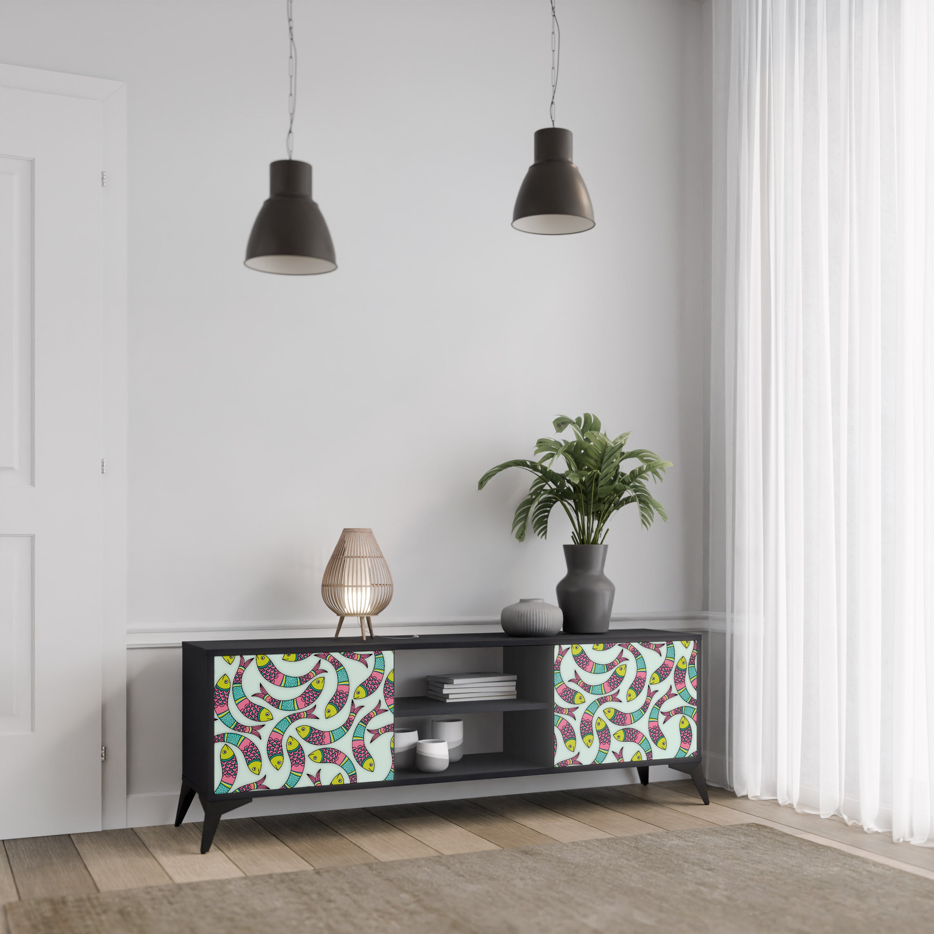 Mueble de TV de 2 puertas INDIAN FISH con acabado negro