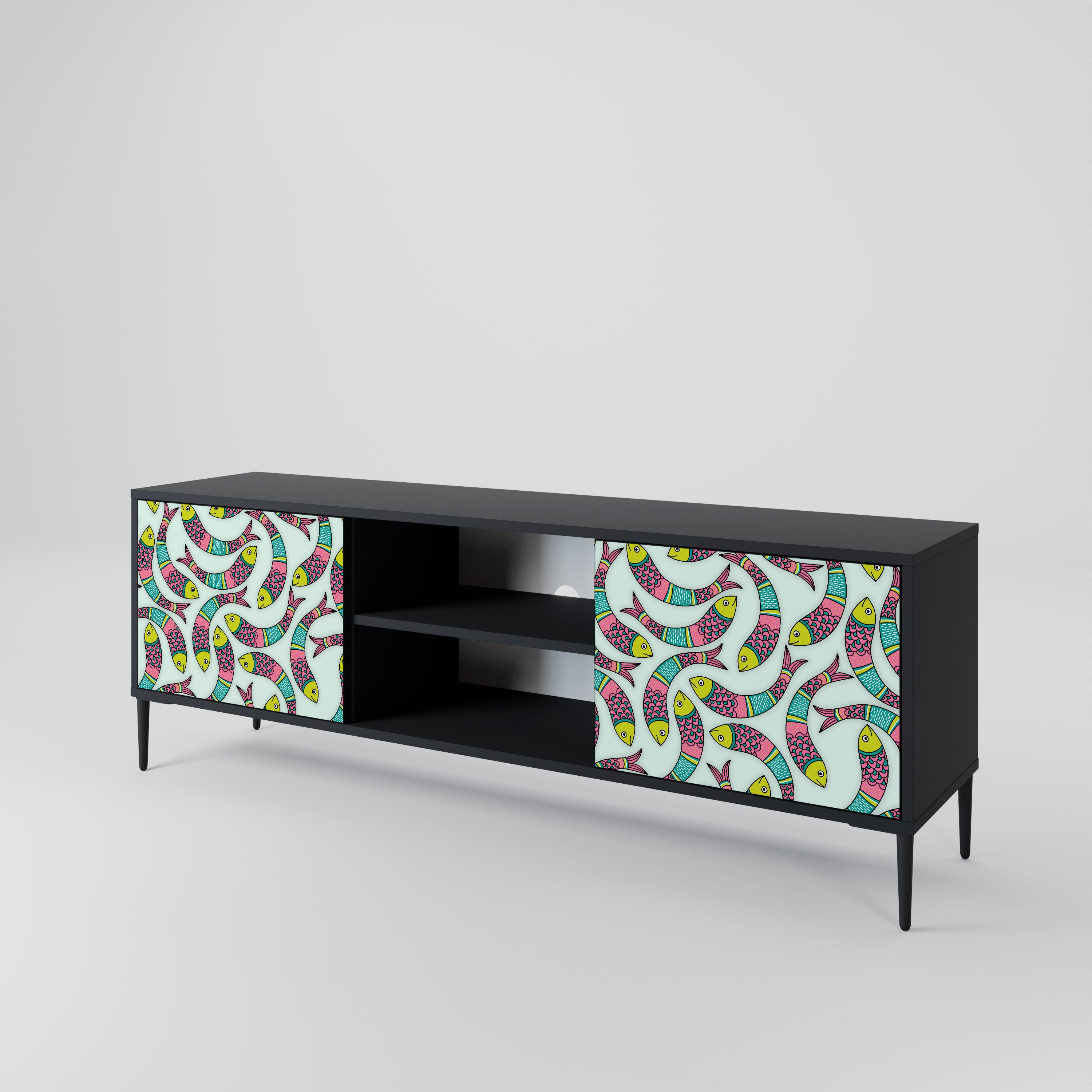 Mueble de TV de 2 puertas INDIAN FISH con acabado negro