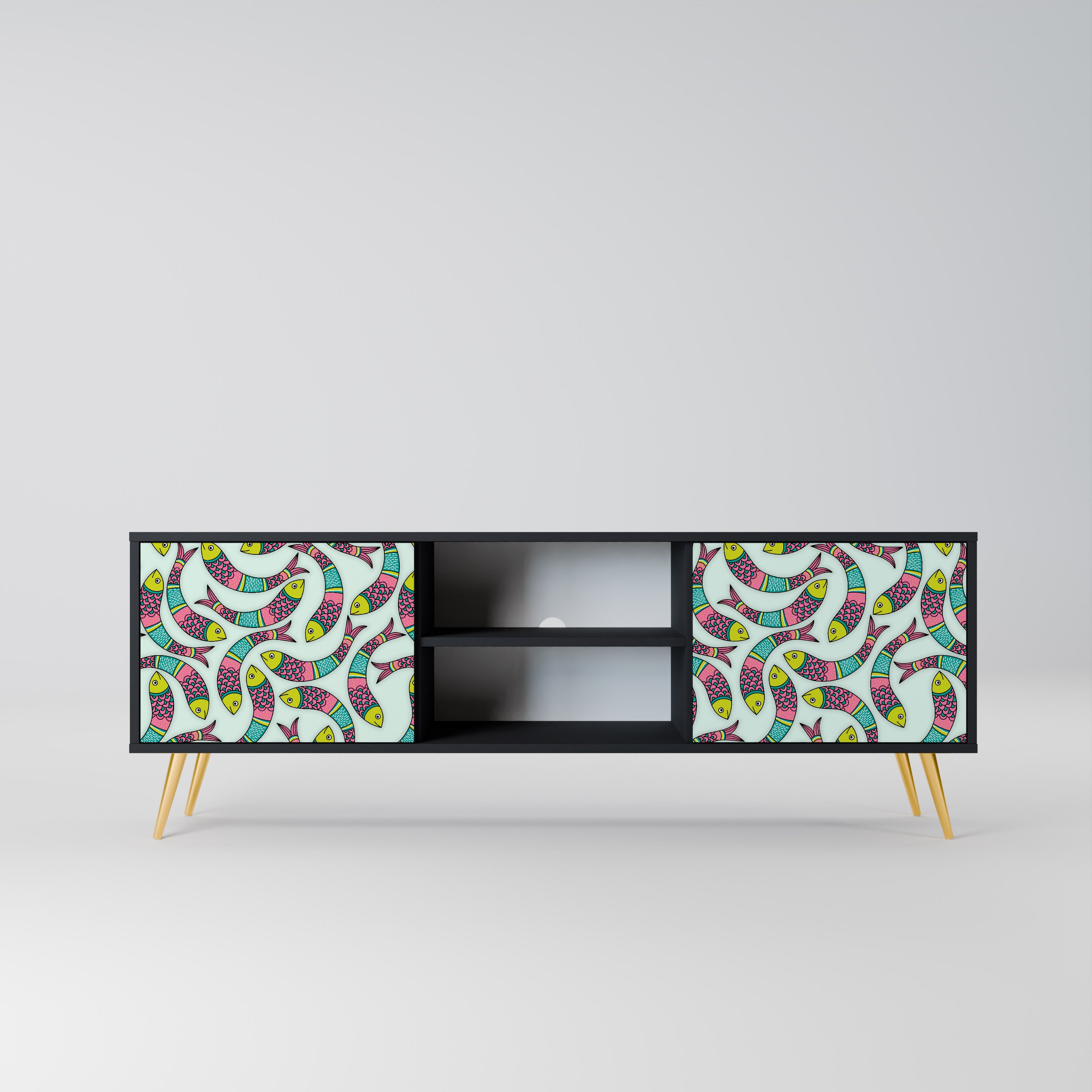 Mueble de TV de 2 puertas INDIAN FISH con acabado negro