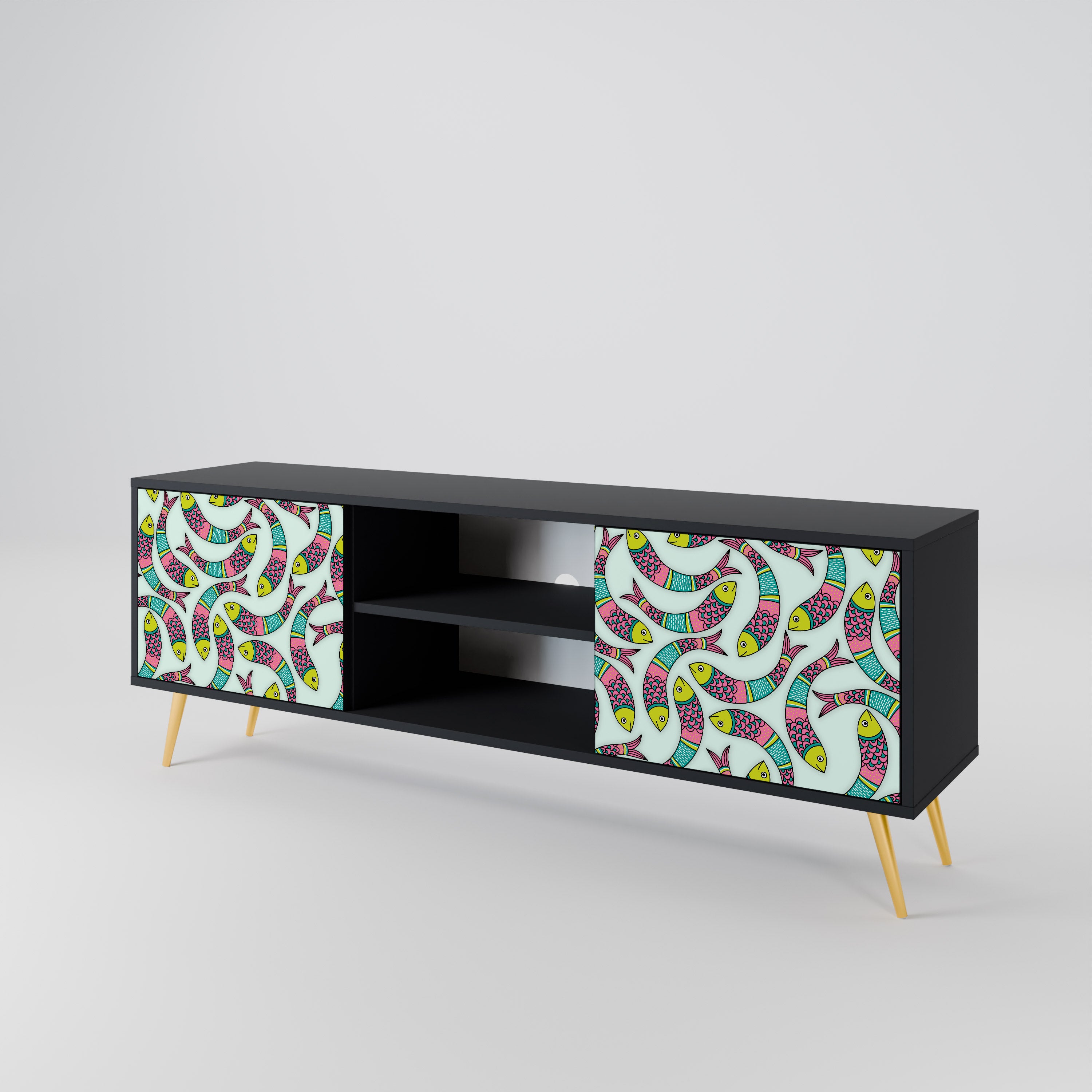 Mueble de TV de 2 puertas INDIAN FISH con acabado negro
