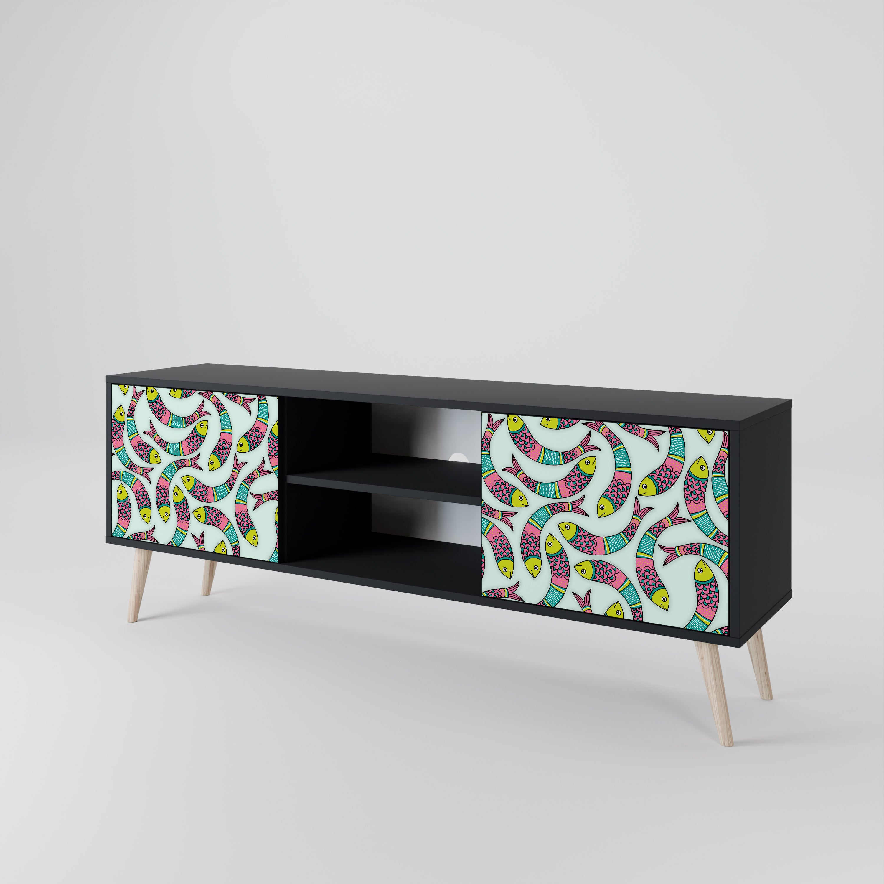 Mueble de TV de 2 puertas INDIAN FISH con acabado negro