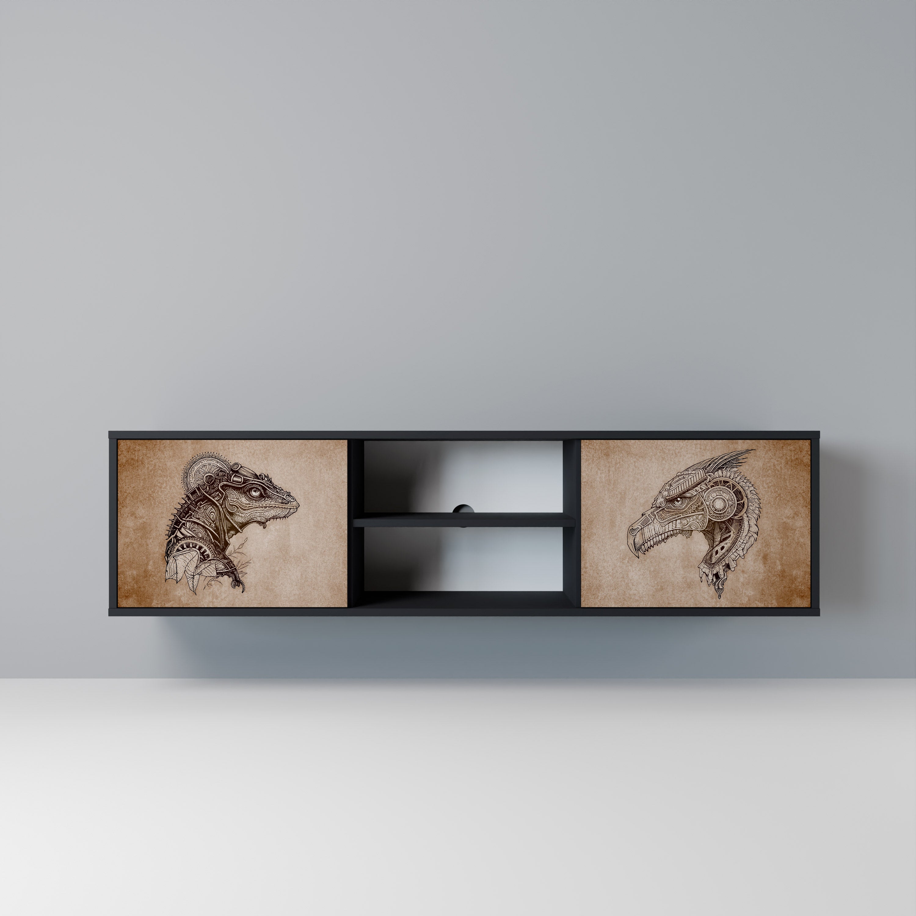 Mueble de TV de dos puertas STEAMPUNK CLAN con acabado negro