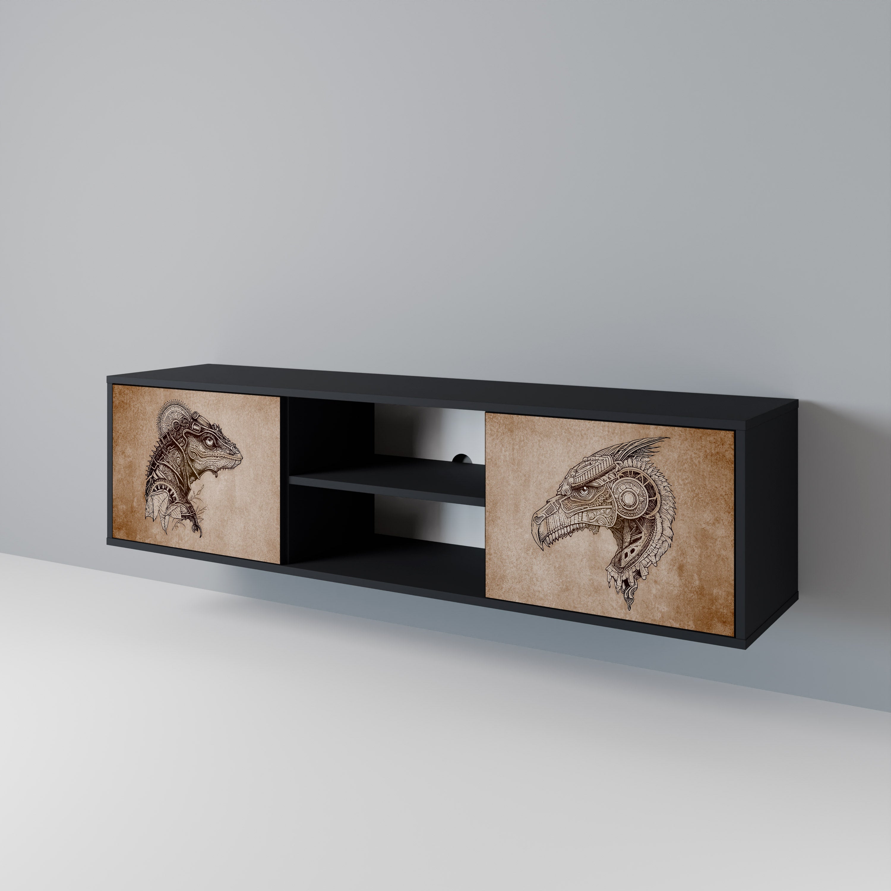 Mueble de TV de dos puertas STEAMPUNK CLAN con acabado negro