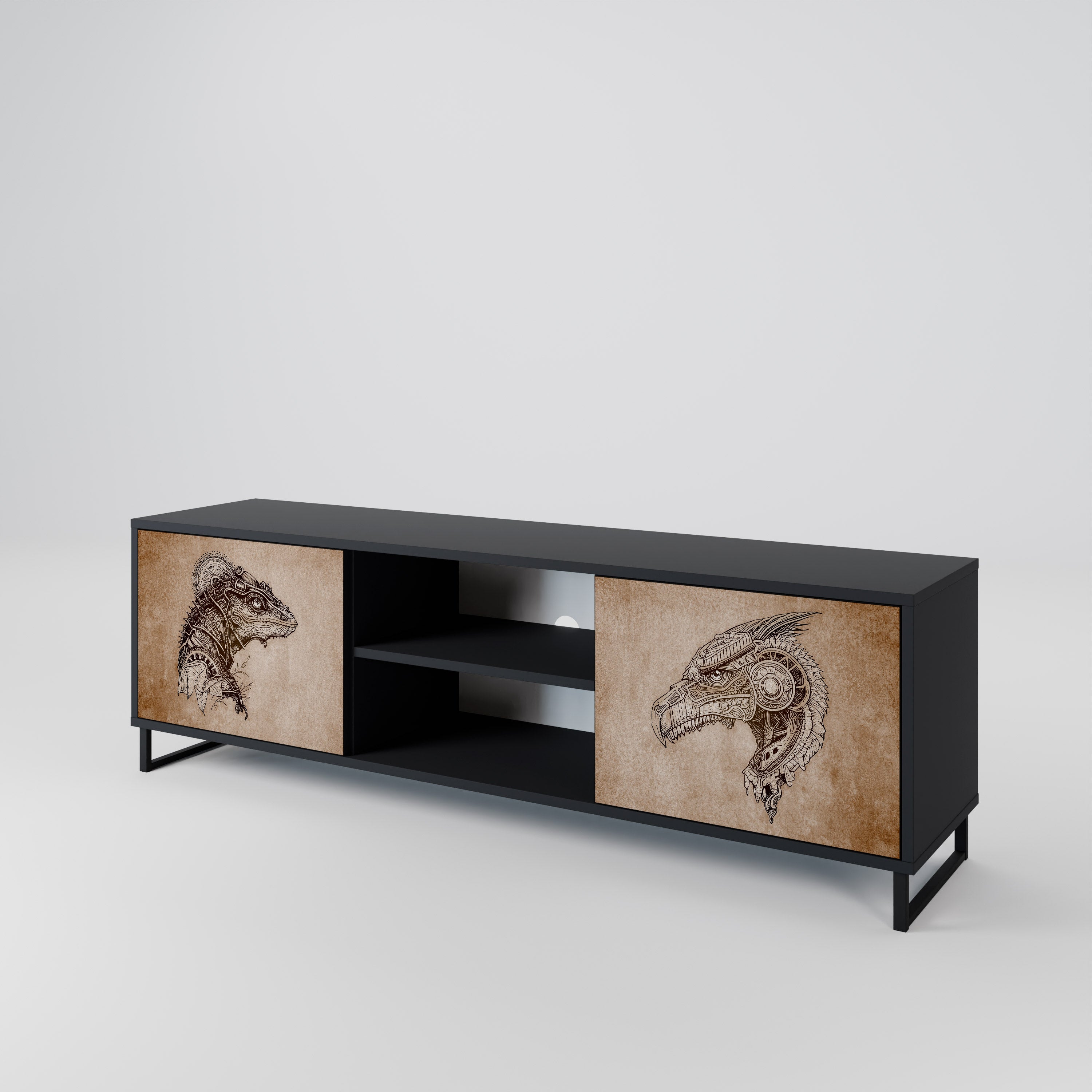 Mueble de TV de dos puertas STEAMPUNK CLAN con acabado negro