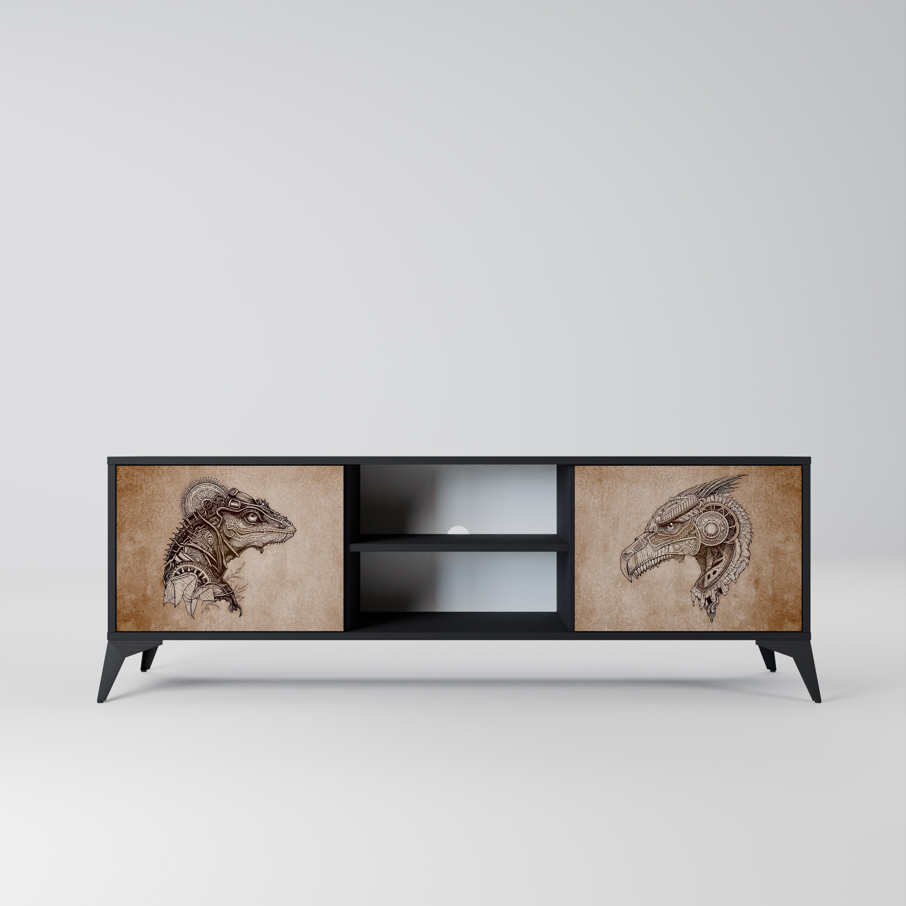 Mueble de TV de dos puertas STEAMPUNK CLAN con acabado negro
