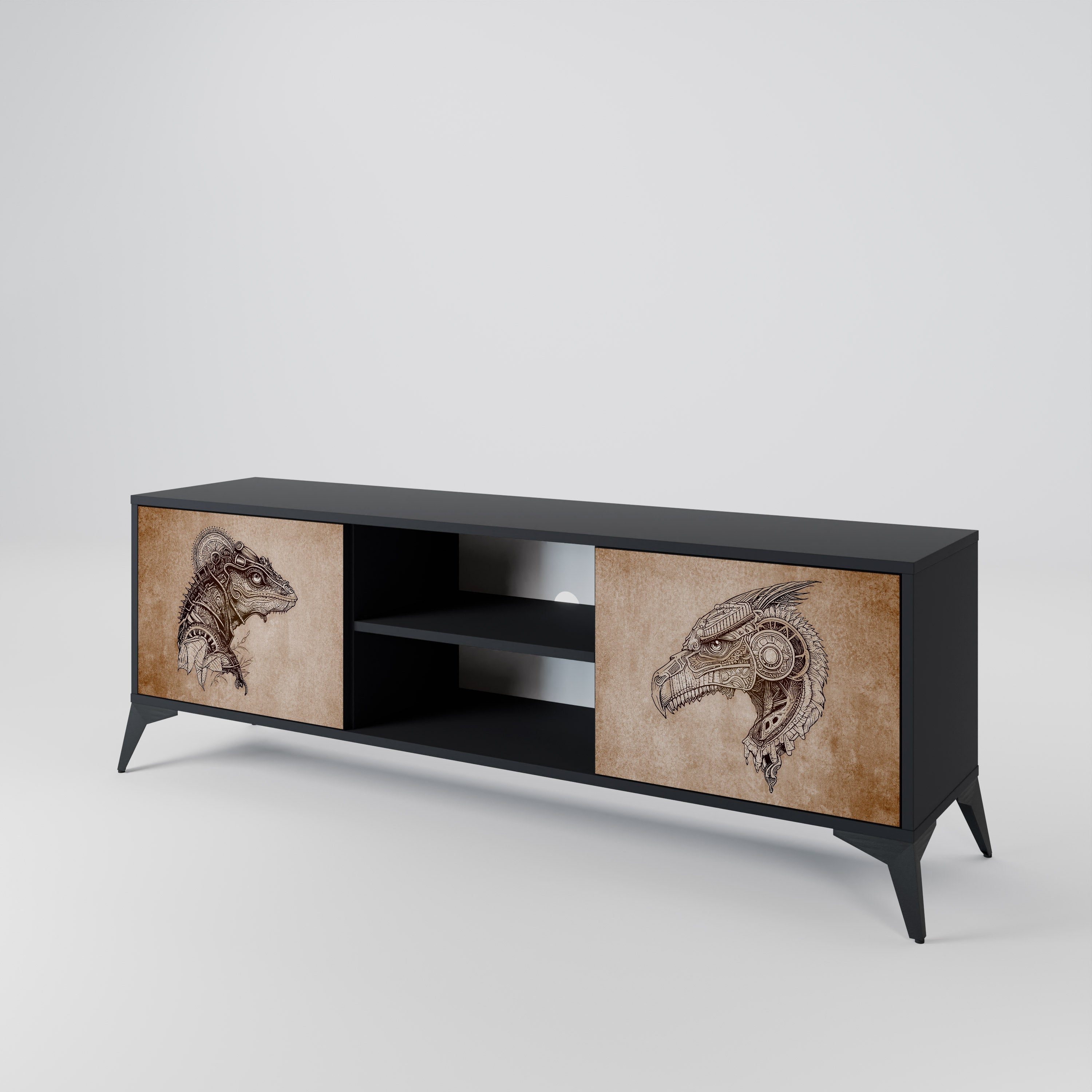 Mueble de TV de dos puertas STEAMPUNK CLAN con acabado negro