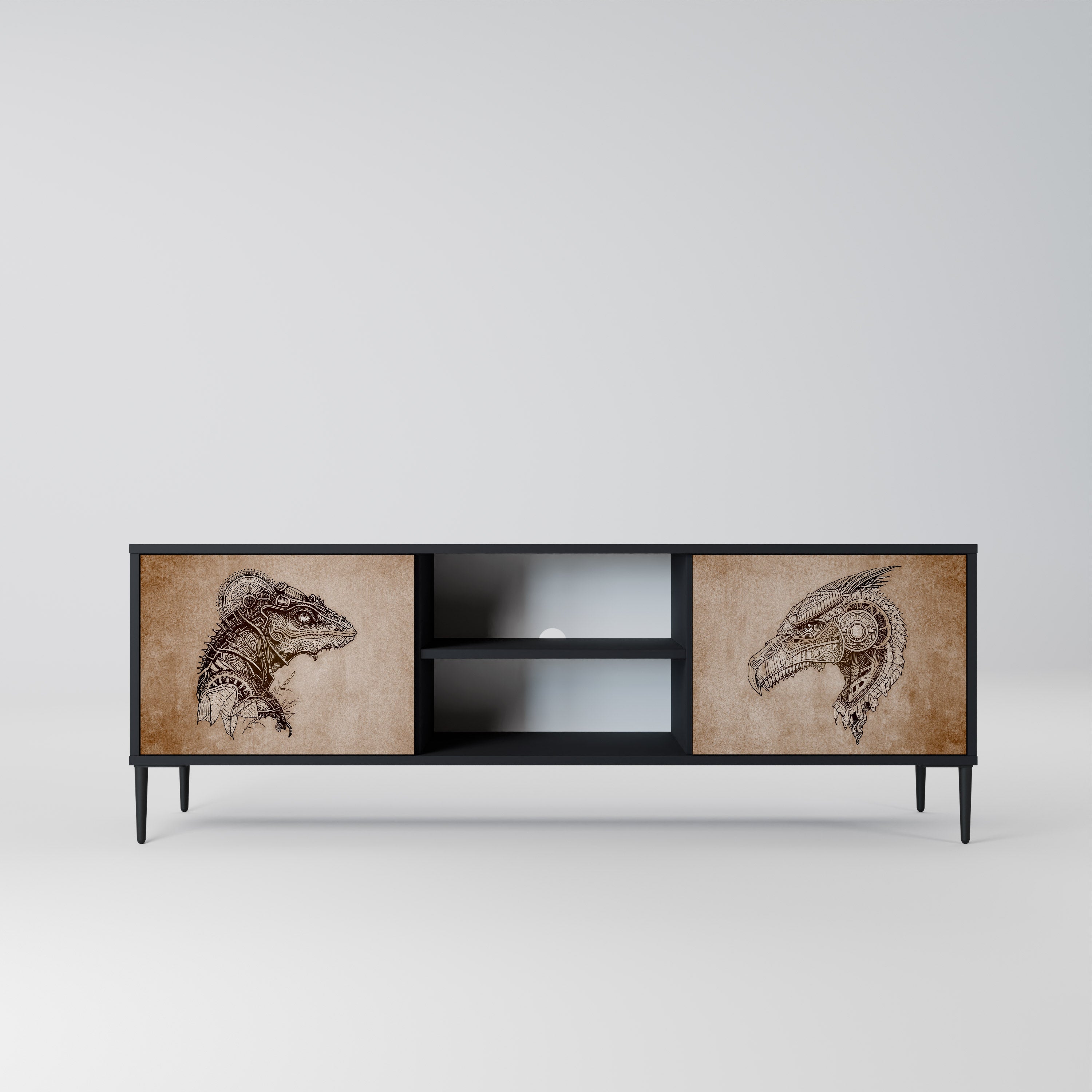 Mueble de TV de dos puertas STEAMPUNK CLAN con acabado negro