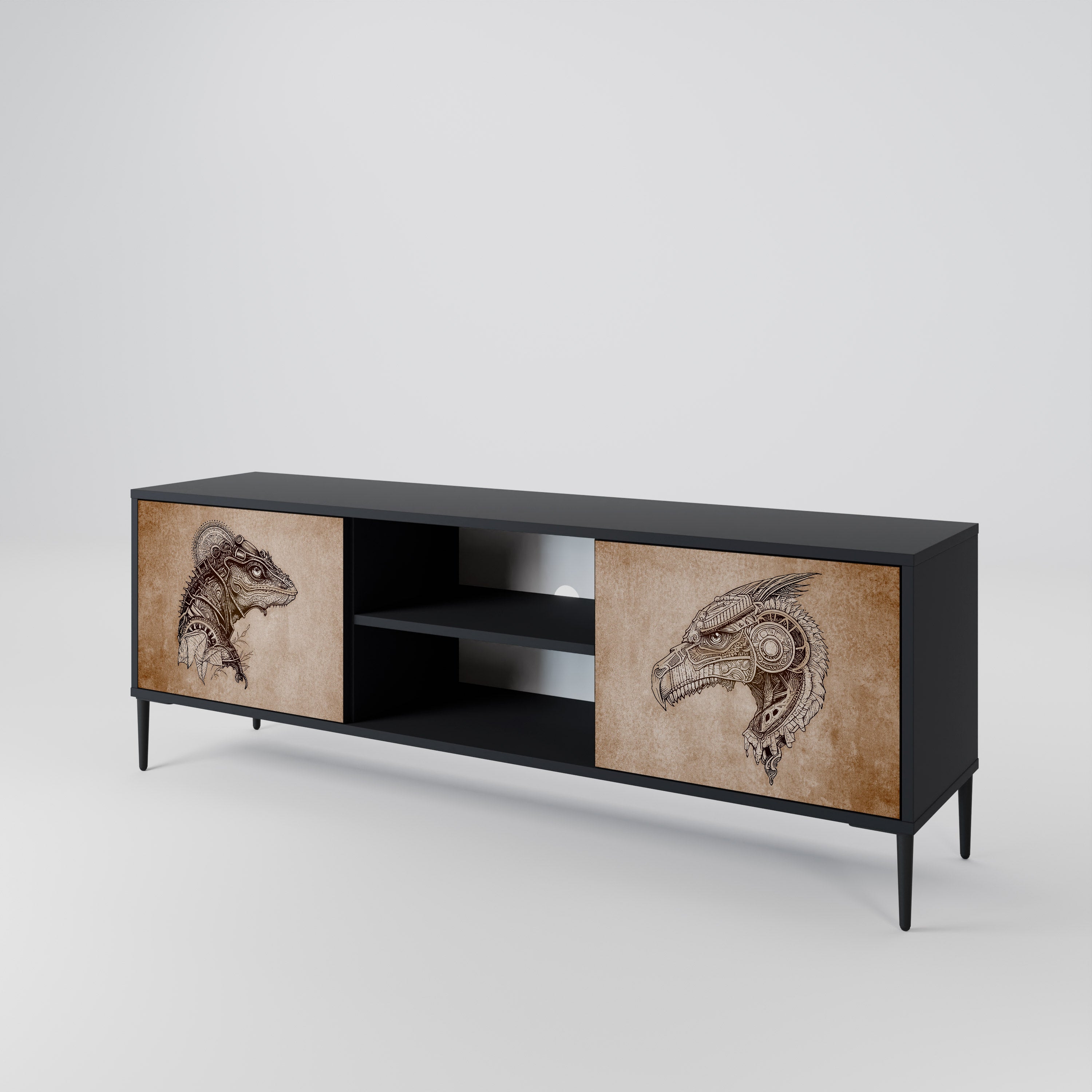 Mueble de TV de dos puertas STEAMPUNK CLAN con acabado negro