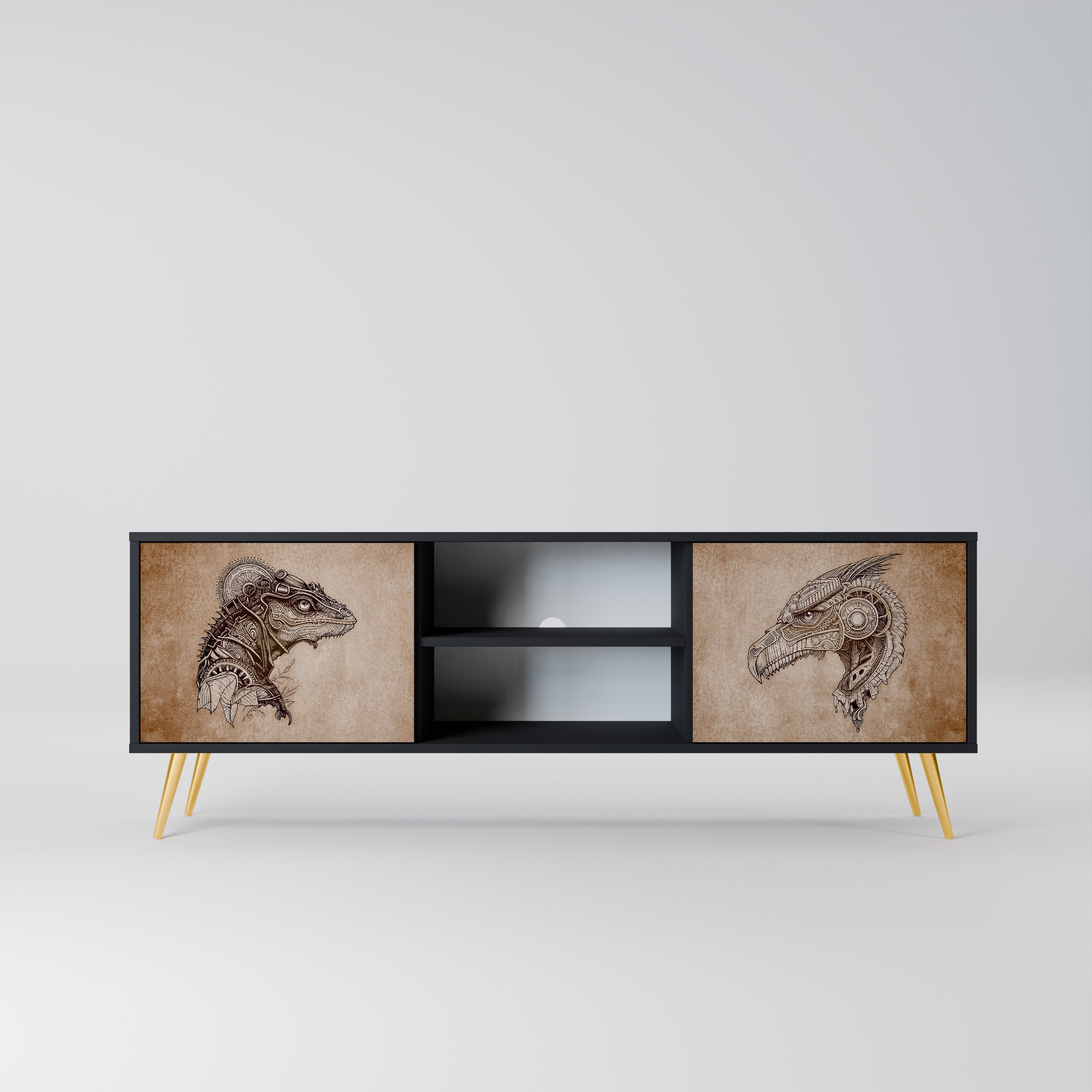 Mueble de TV de dos puertas STEAMPUNK CLAN con acabado negro