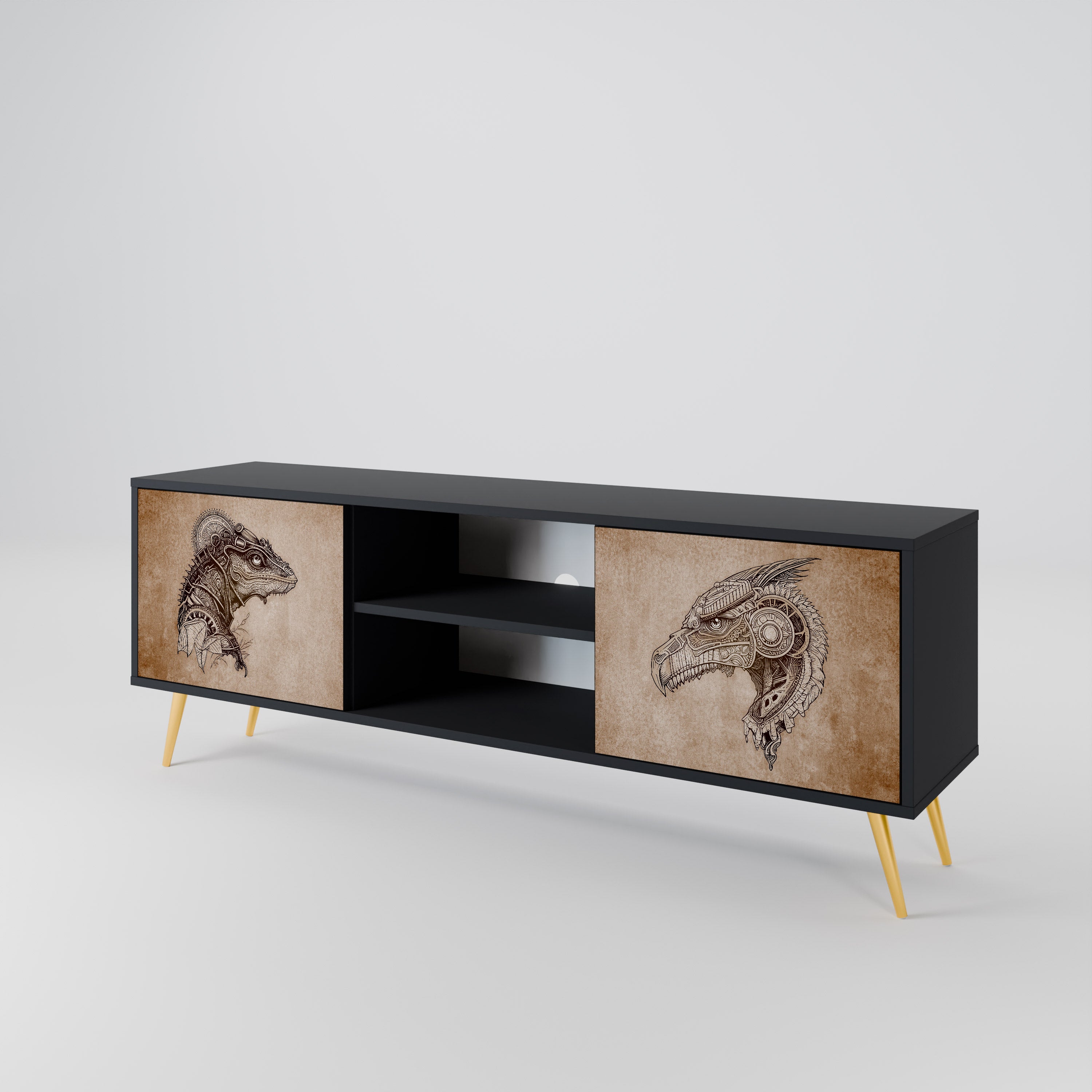 Mueble de TV de dos puertas STEAMPUNK CLAN con acabado negro