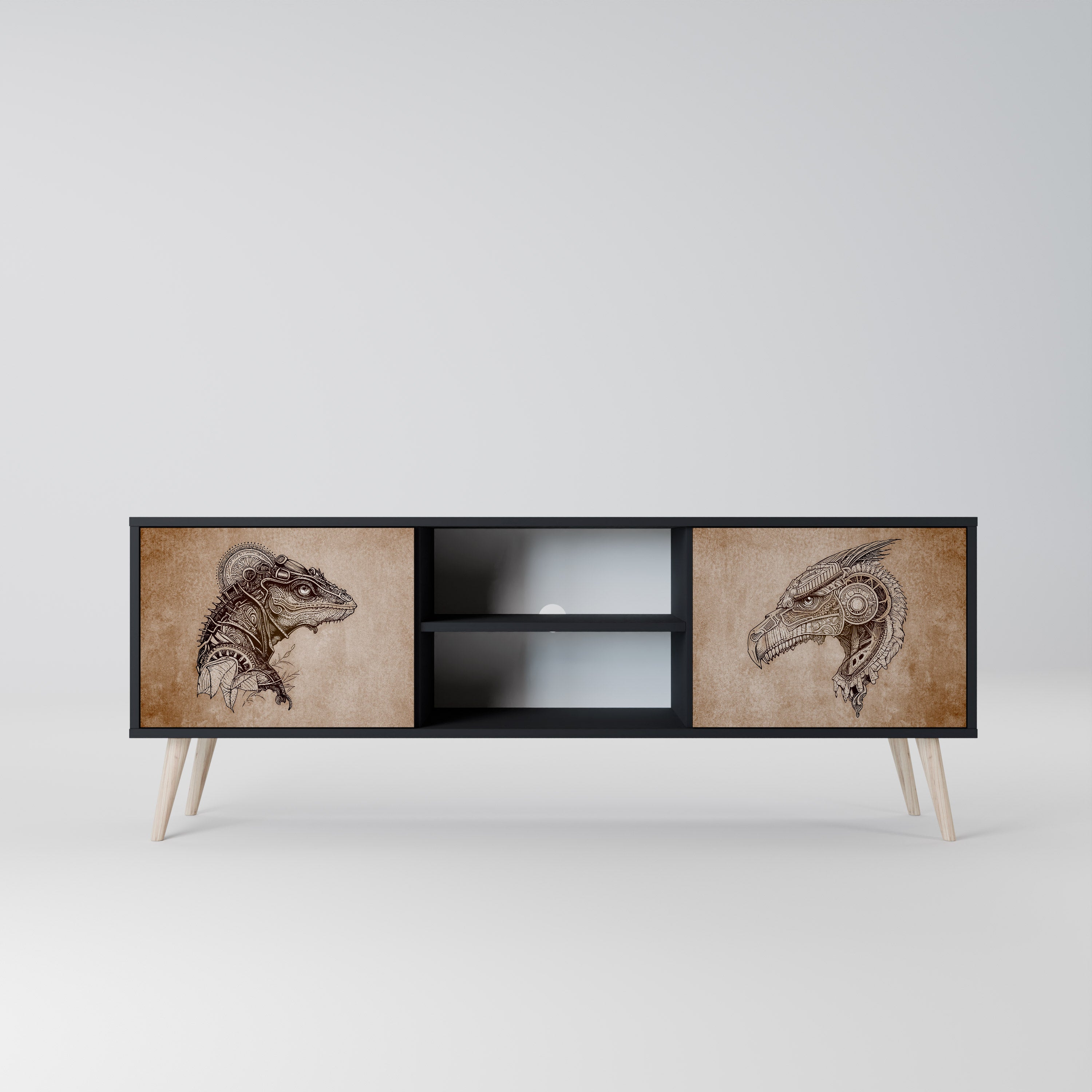 Mueble de TV de dos puertas STEAMPUNK CLAN con acabado negro