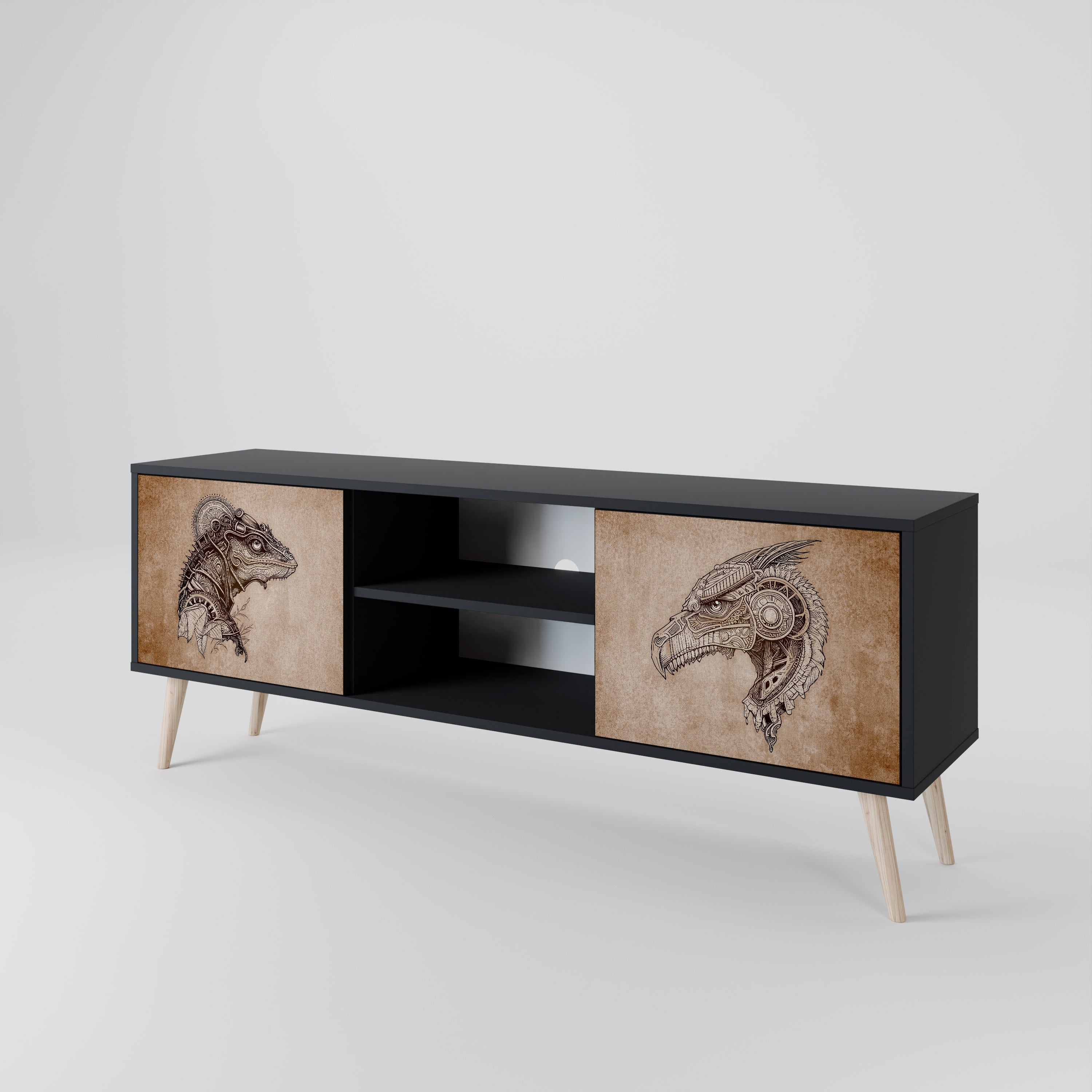 Mueble de TV de dos puertas STEAMPUNK CLAN con acabado negro