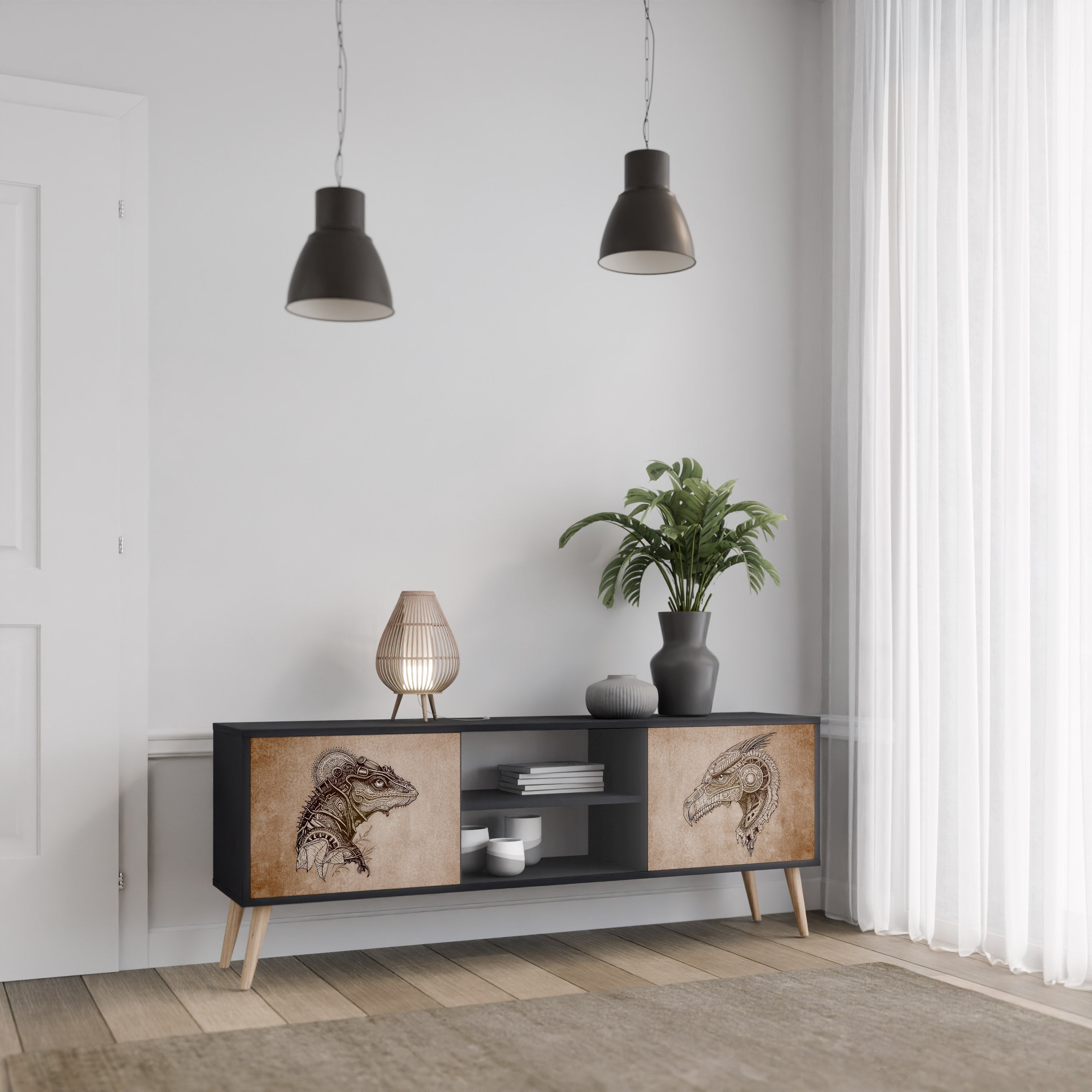 Mueble de TV de dos puertas STEAMPUNK CLAN con acabado negro