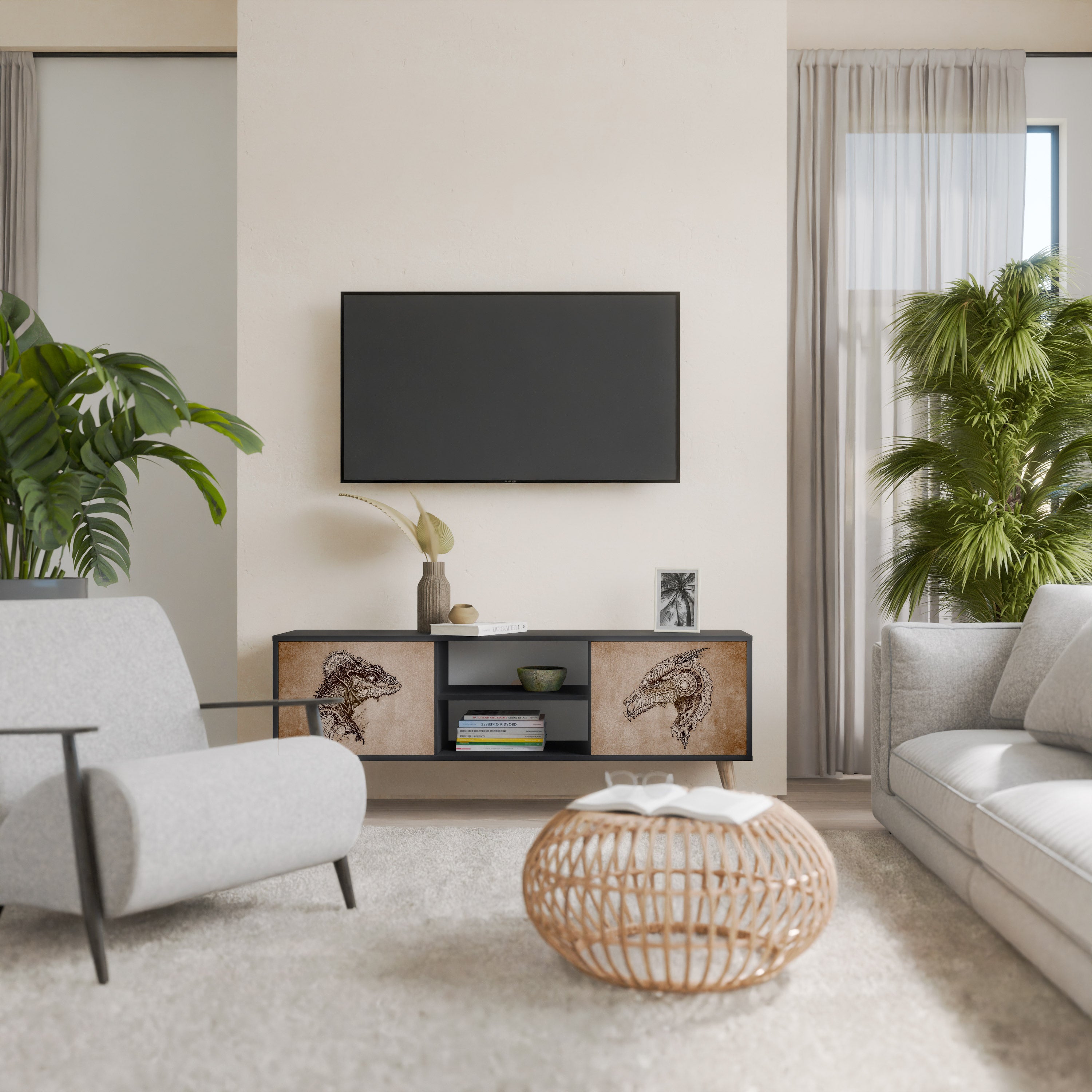 Mueble de TV de dos puertas STEAMPUNK CLAN con acabado negro