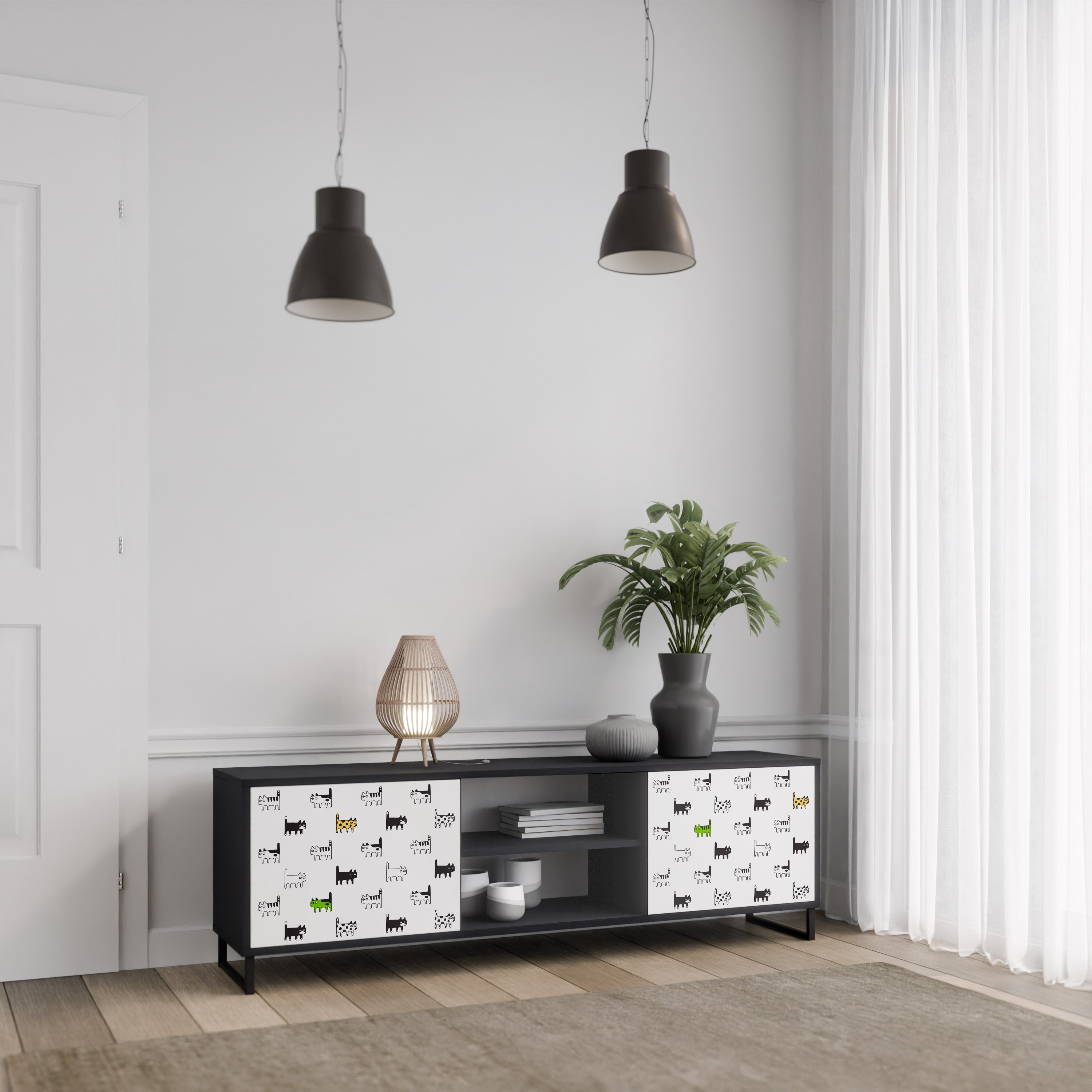 Mueble de TV de 2 puertas CATS COMPILATION en acabado negro