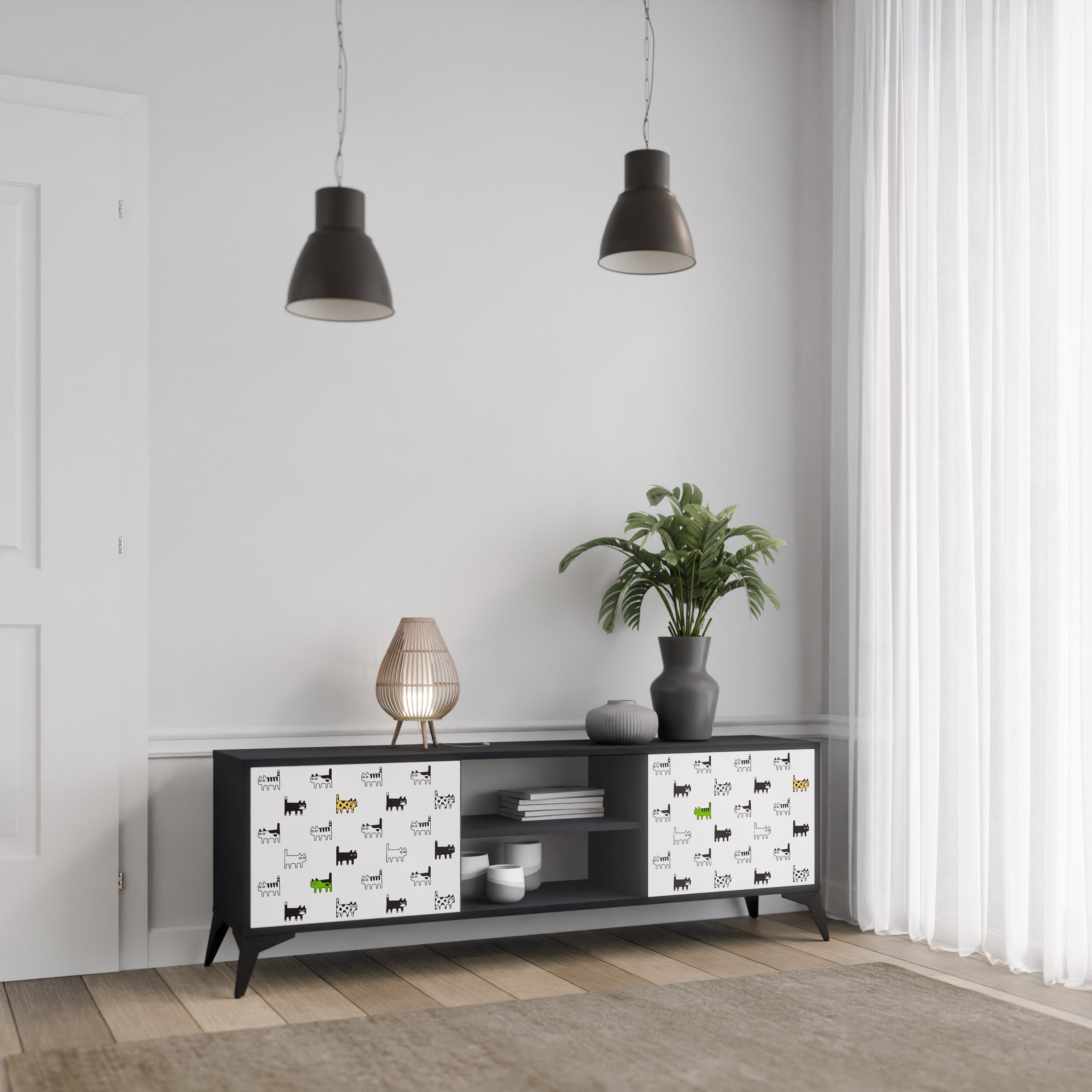 Mueble de TV de 2 puertas CATS COMPILATION en acabado negro