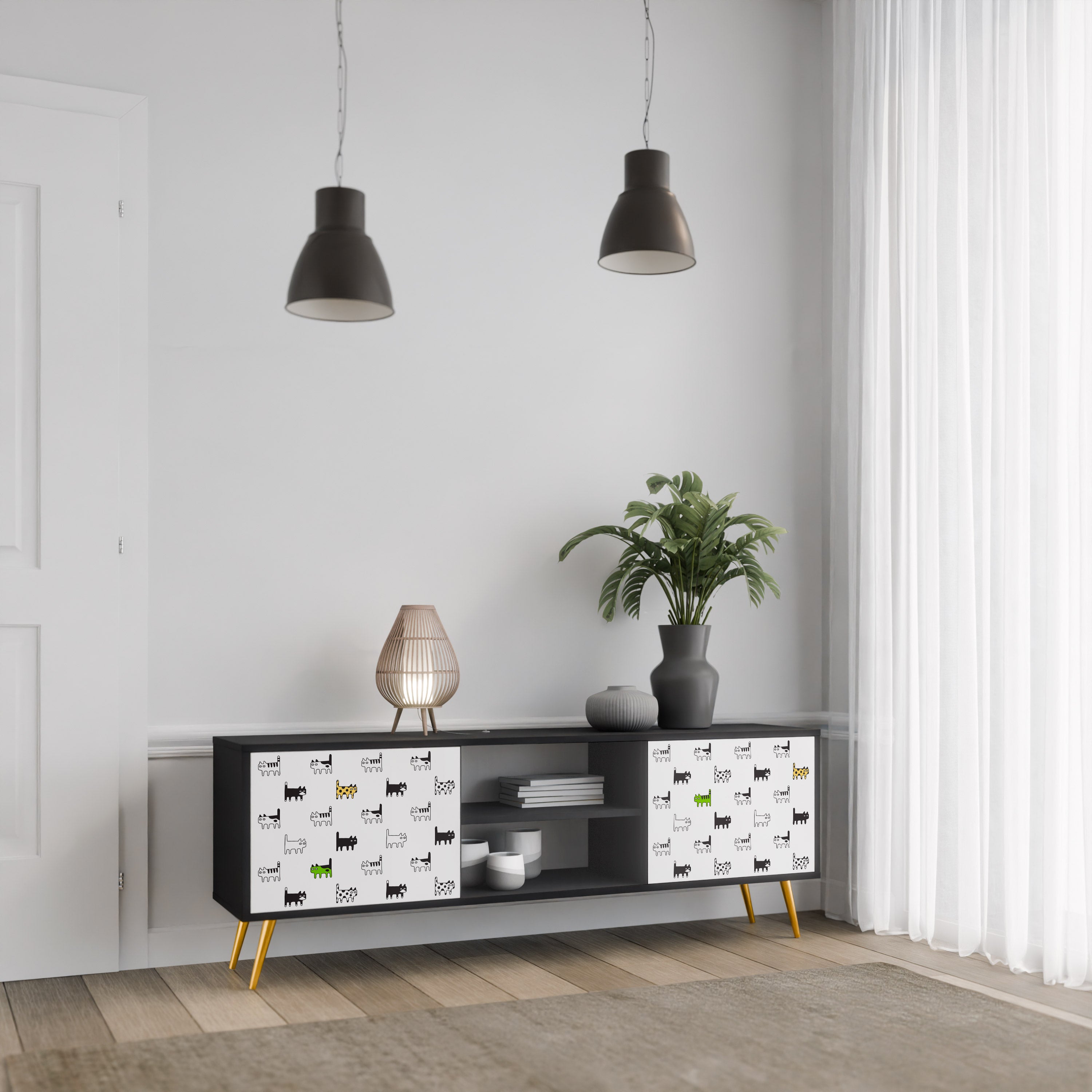 Mueble de TV de 2 puertas CATS COMPILATION en acabado negro