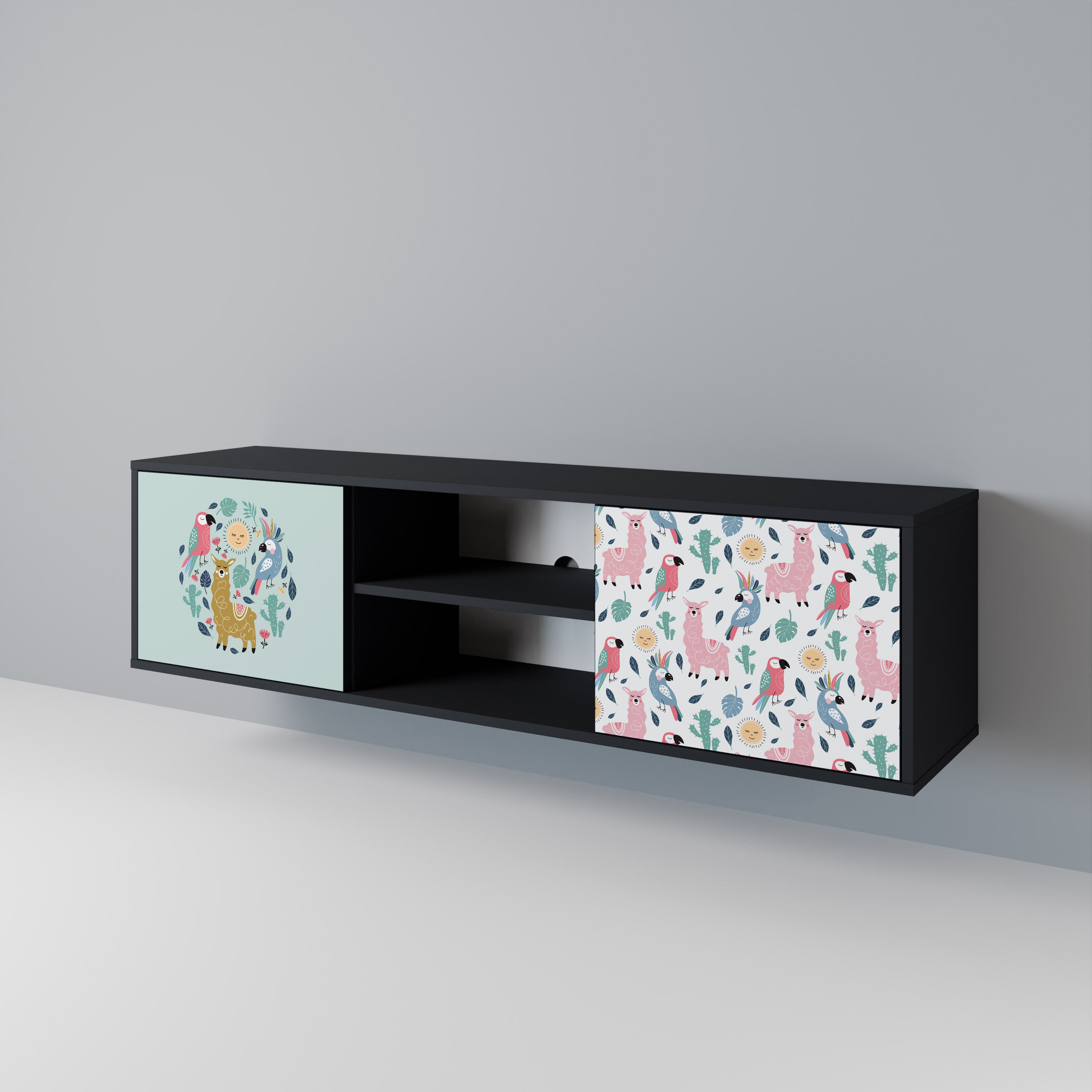 Mueble de TV de 2 puertas COLORFUL ALPACAS en acabado negro
