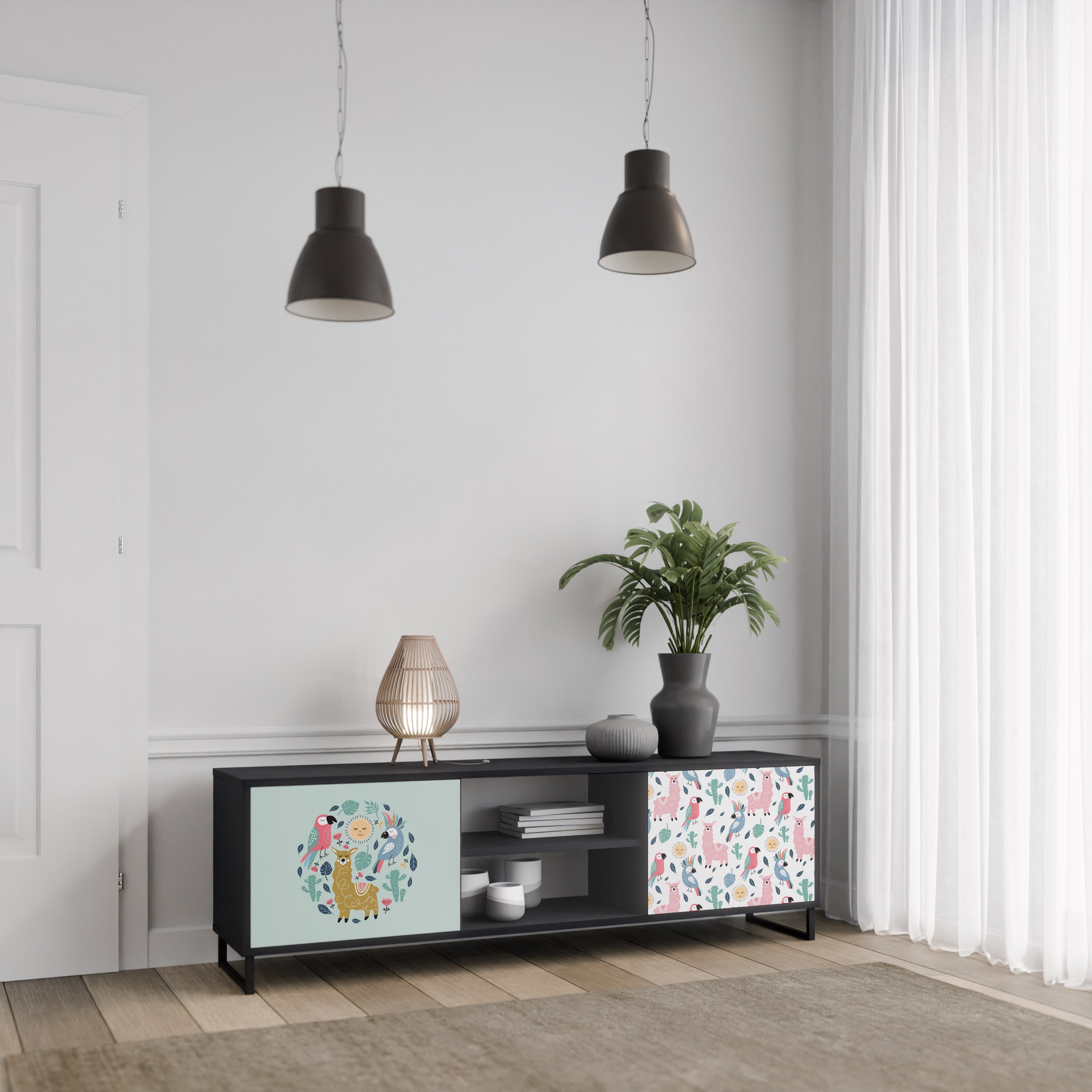 Mueble de TV de 2 puertas COLORFUL ALPACAS en acabado negro
