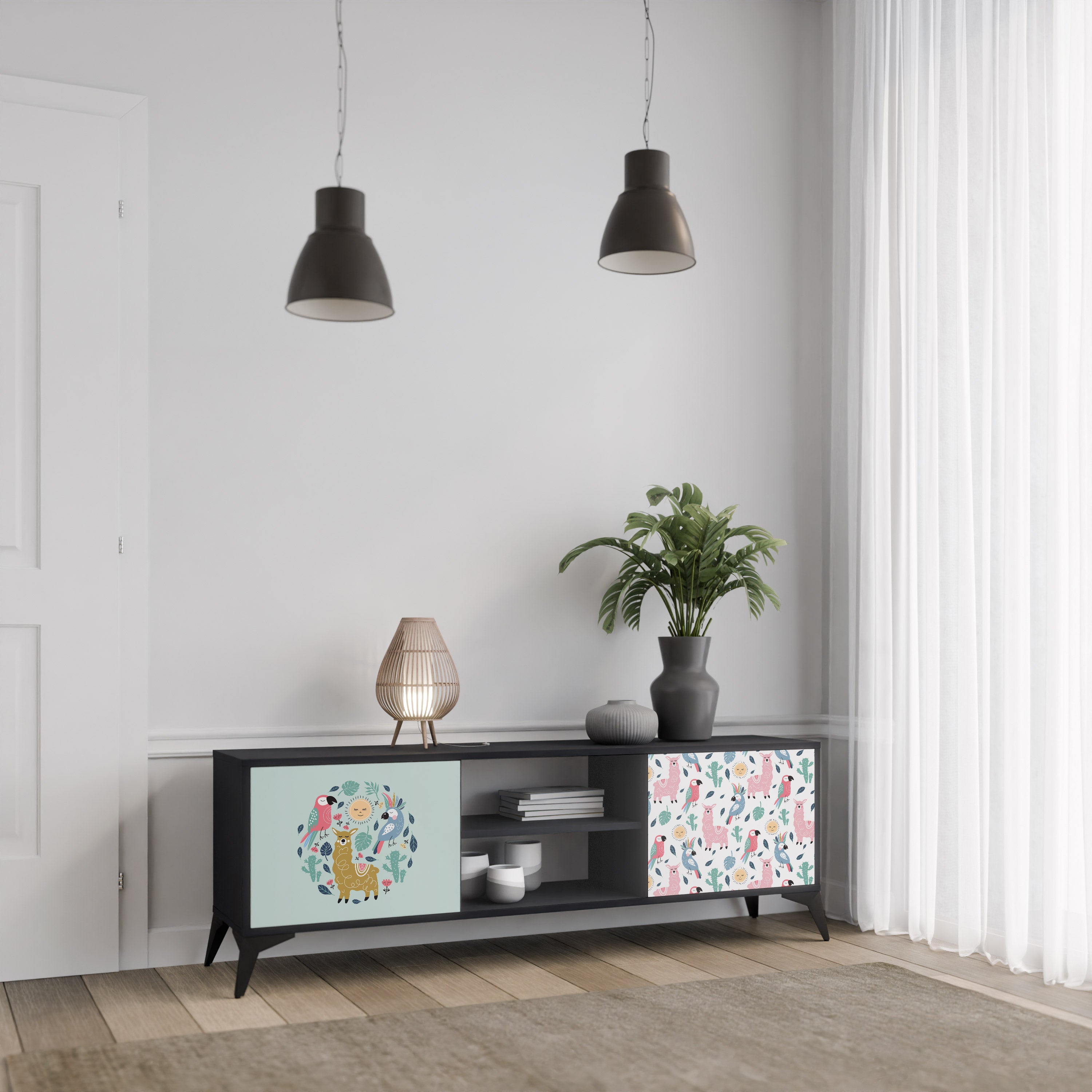 Mueble de TV de 2 puertas COLORFUL ALPACAS en acabado negro
