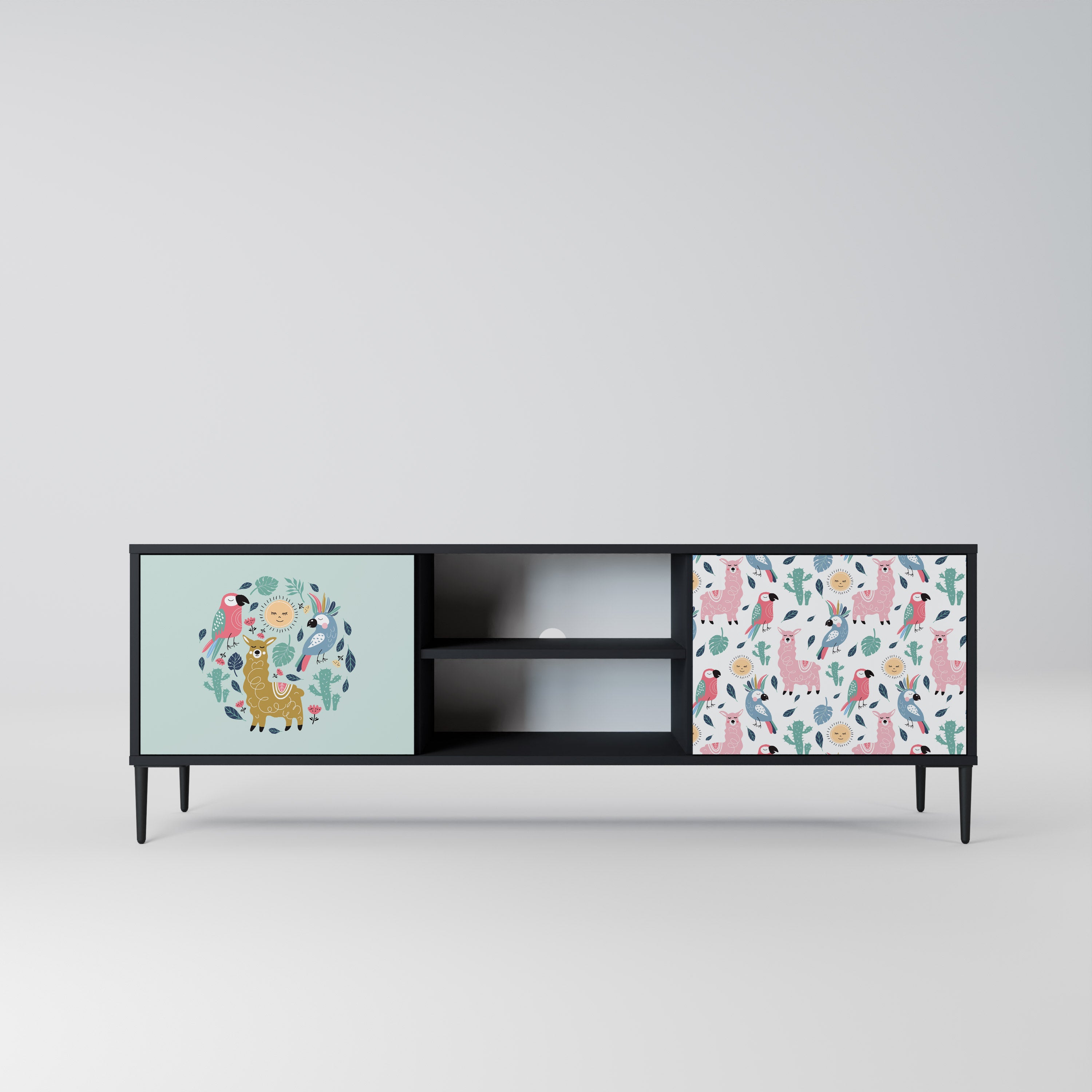 Mueble de TV de 2 puertas COLORFUL ALPACAS en acabado negro