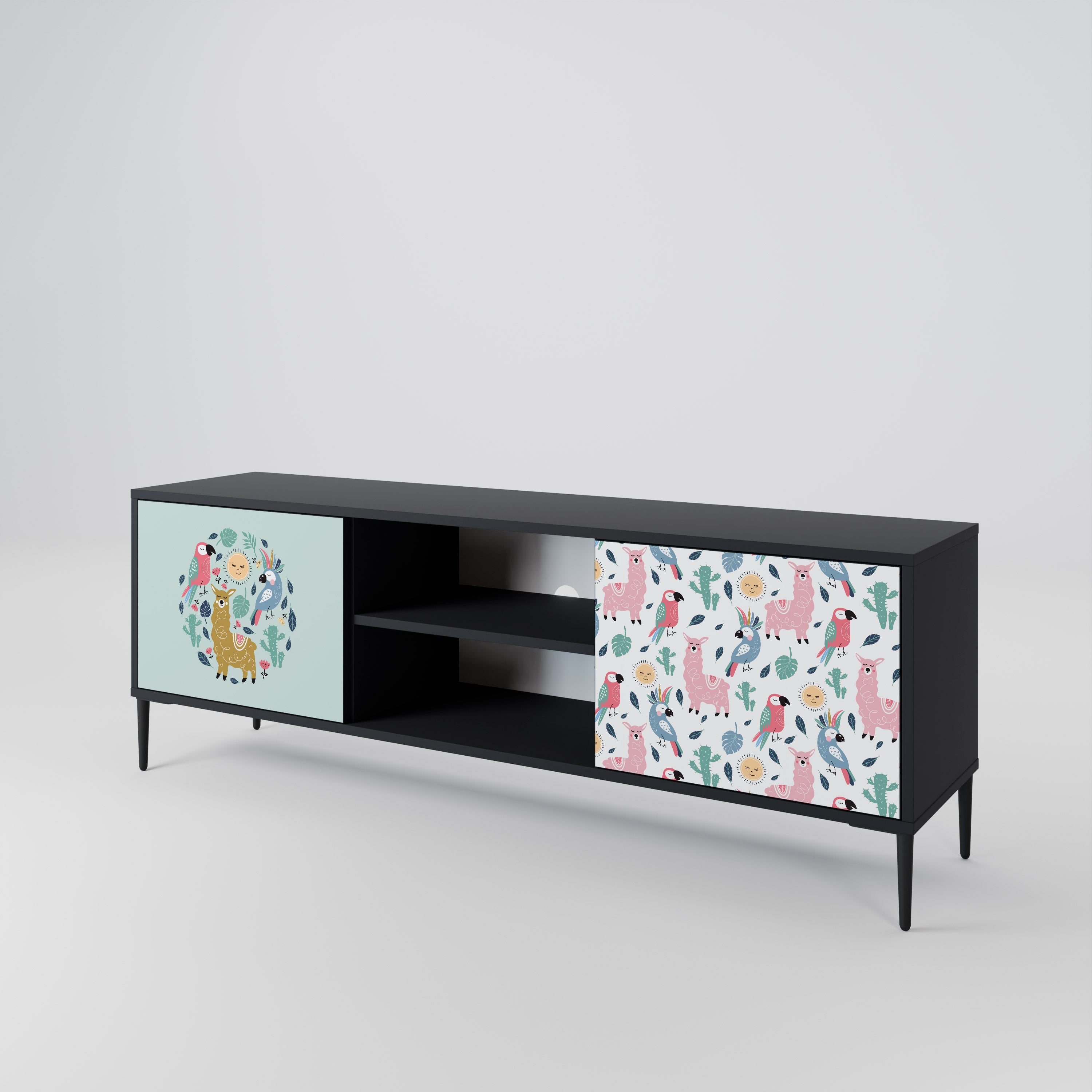 Mueble de TV de 2 puertas COLORFUL ALPACAS en acabado negro