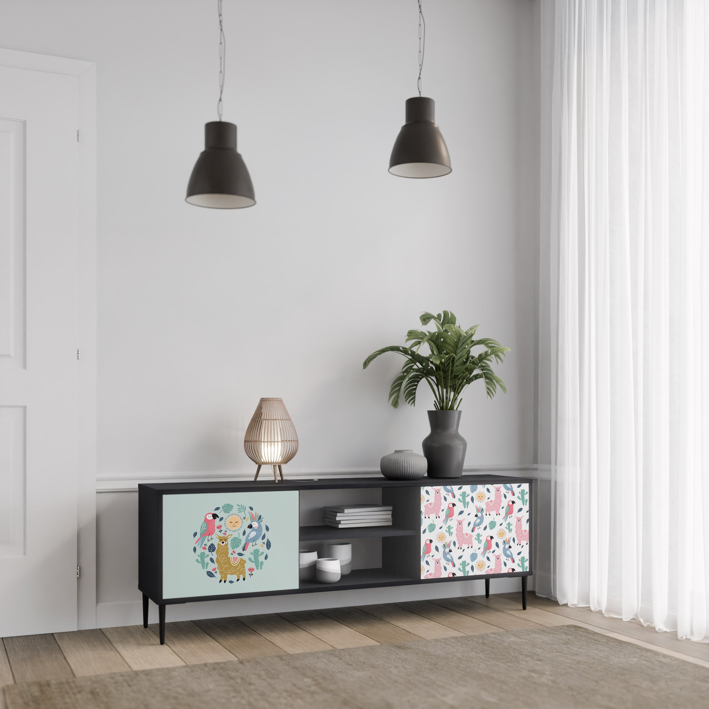 Mueble de TV de 2 puertas COLORFUL ALPACAS en acabado negro
