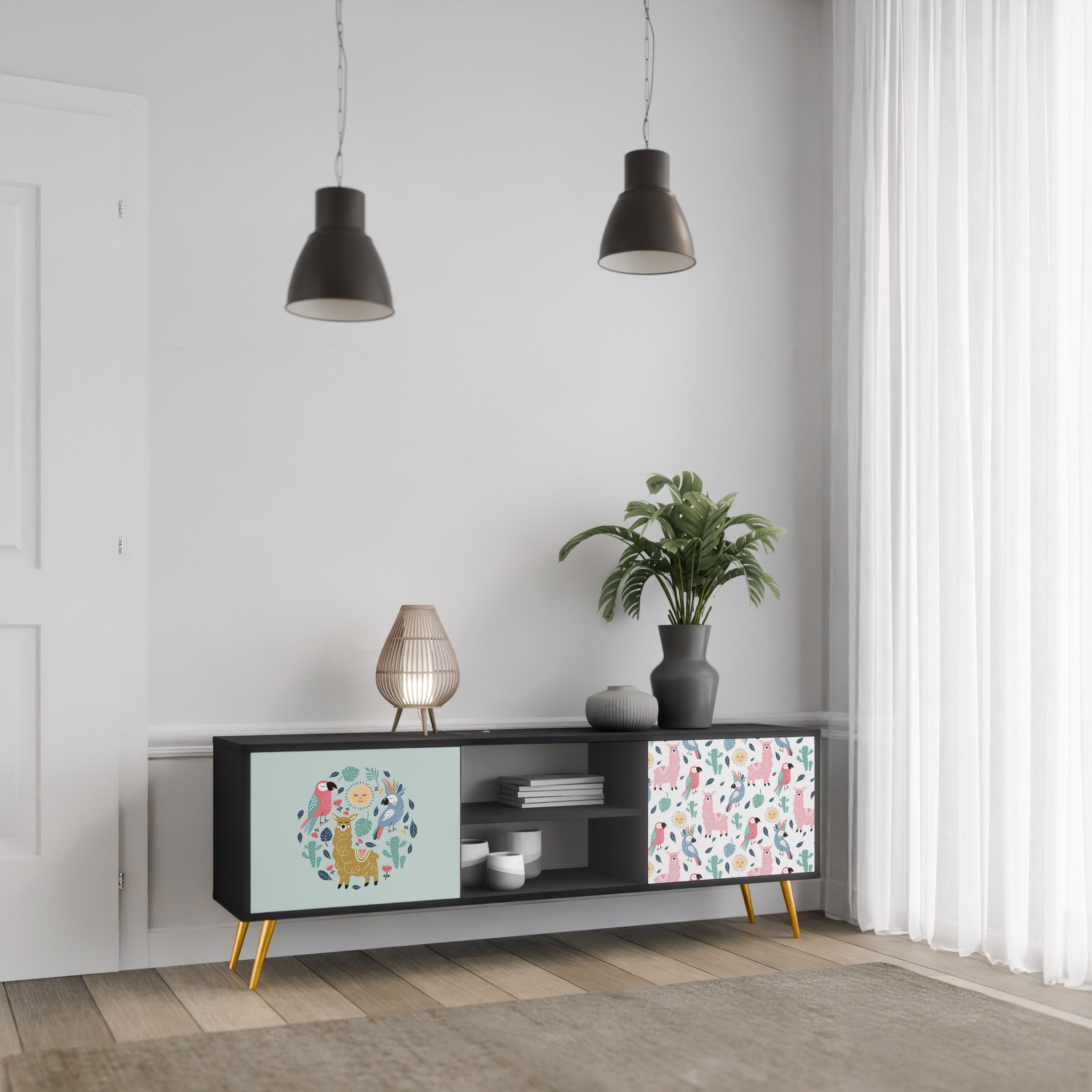 Mueble de TV de 2 puertas COLORFUL ALPACAS en acabado negro