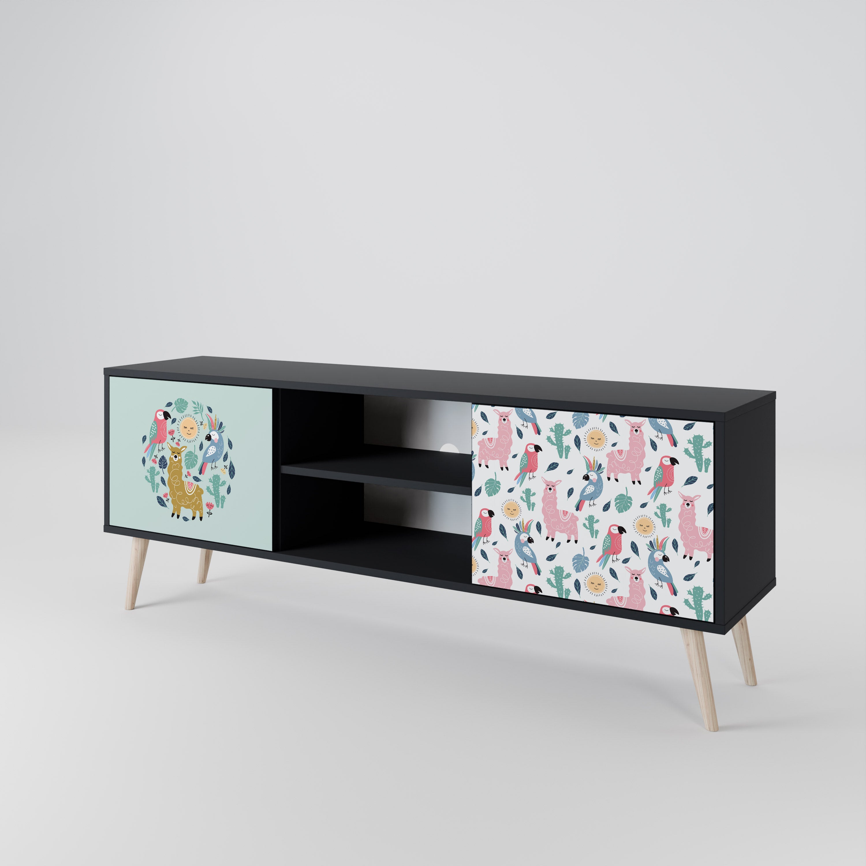 Mueble de TV de 2 puertas COLORFUL ALPACAS en acabado negro