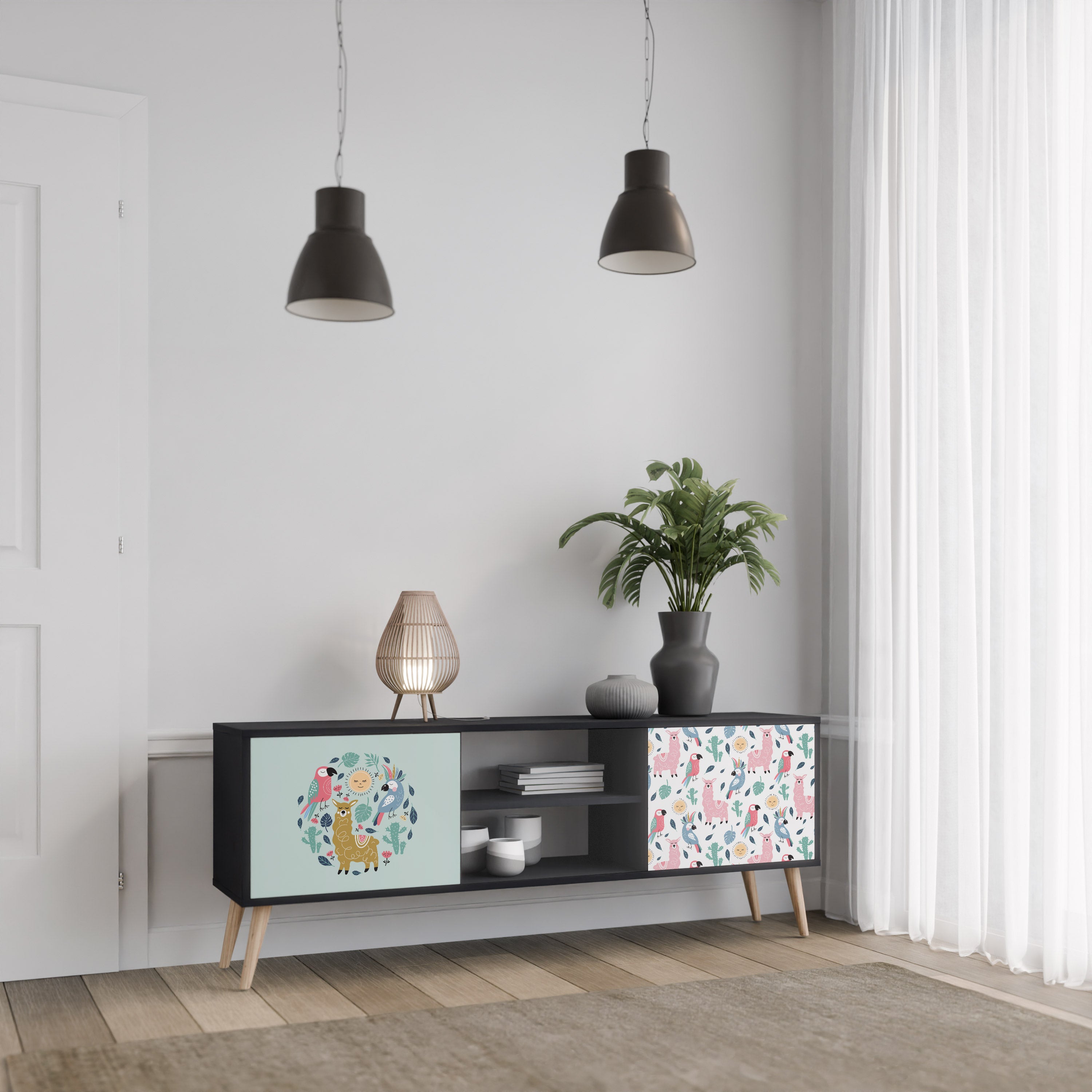 Mueble de TV de 2 puertas COLORFUL ALPACAS en acabado negro