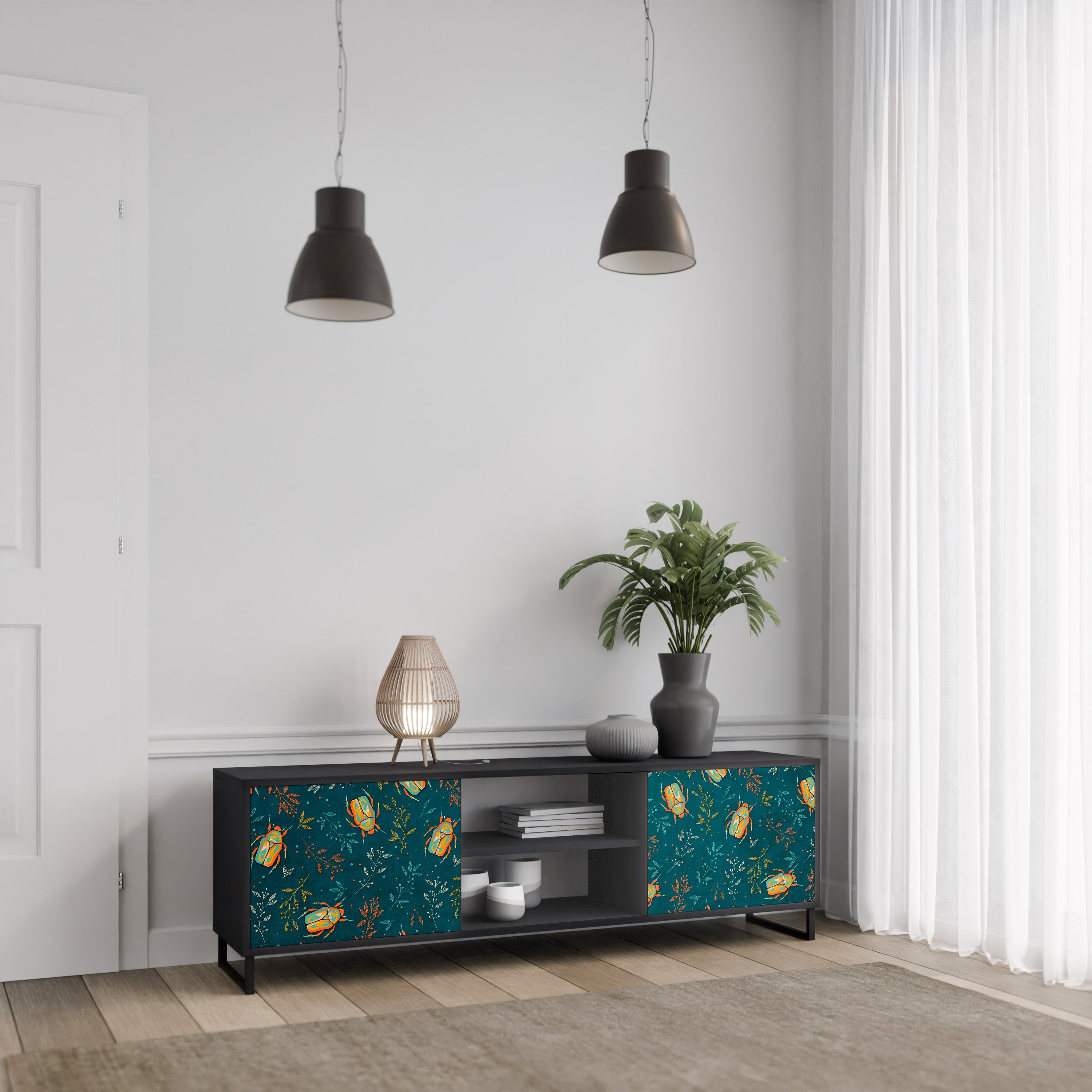 Mueble de TV de 2 puertas AUTUMN INSECTS en acabado negro