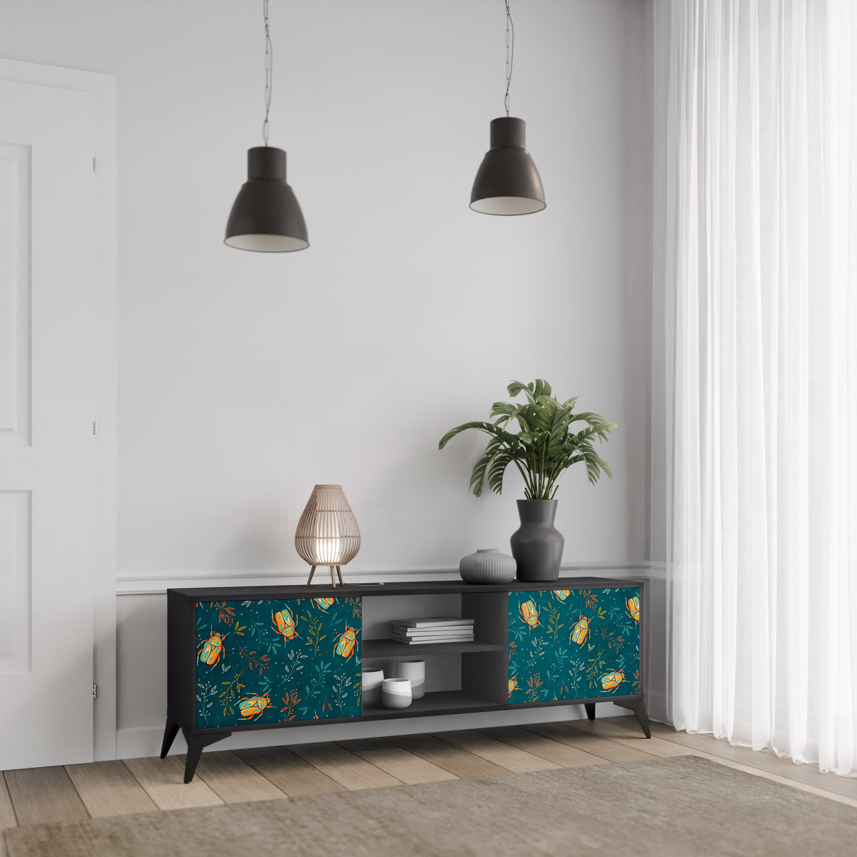 Mueble de TV de 2 puertas AUTUMN INSECTS en acabado negro