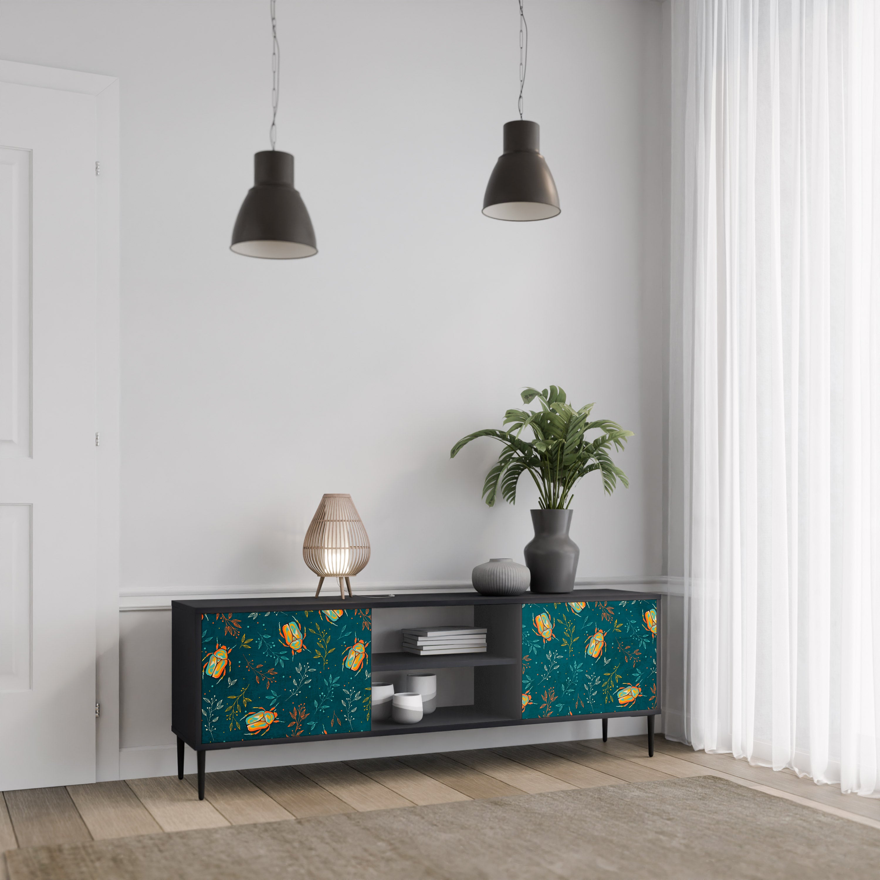 Mueble de TV de 2 puertas AUTUMN INSECTS en acabado negro
