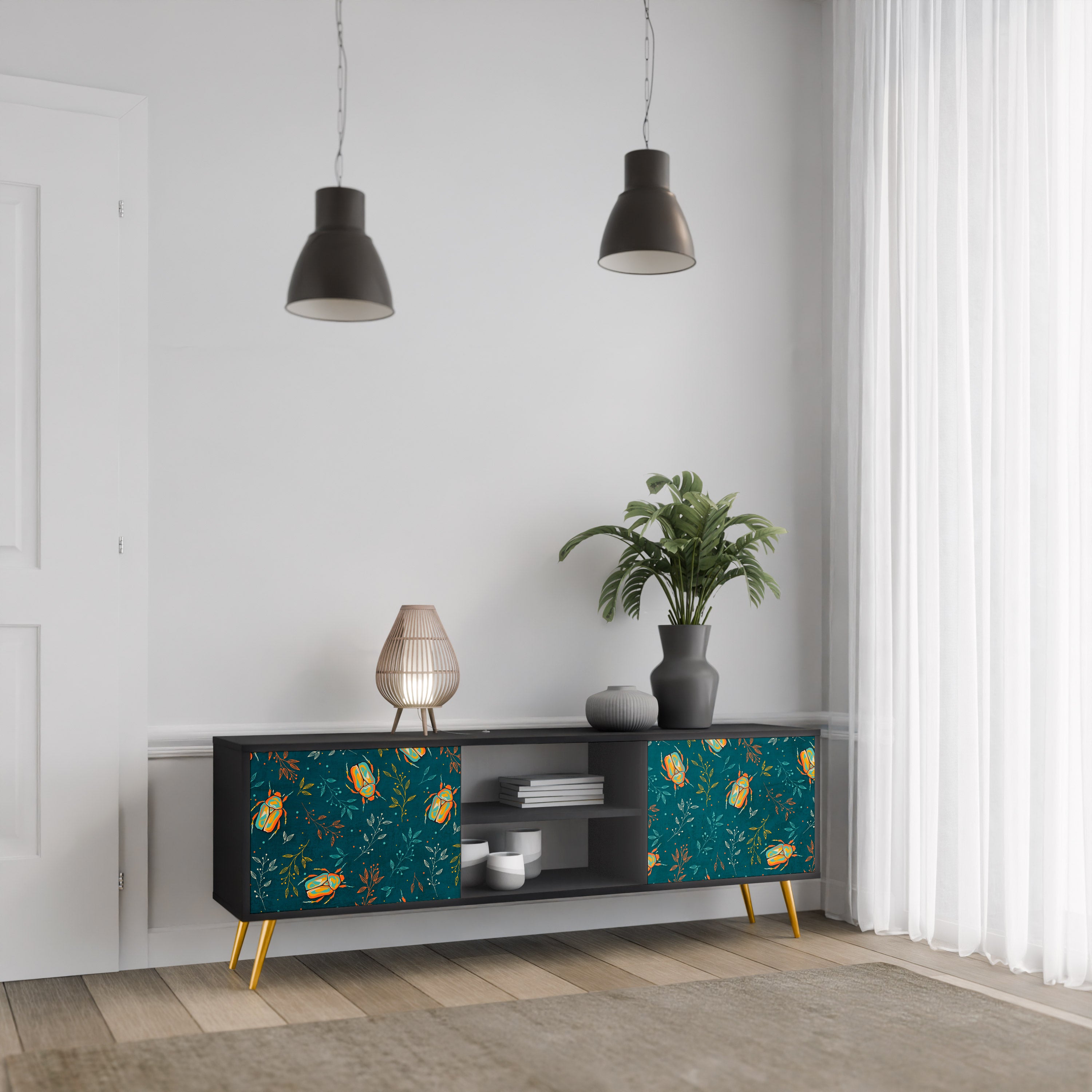 Mueble de TV de 2 puertas AUTUMN INSECTS en acabado negro