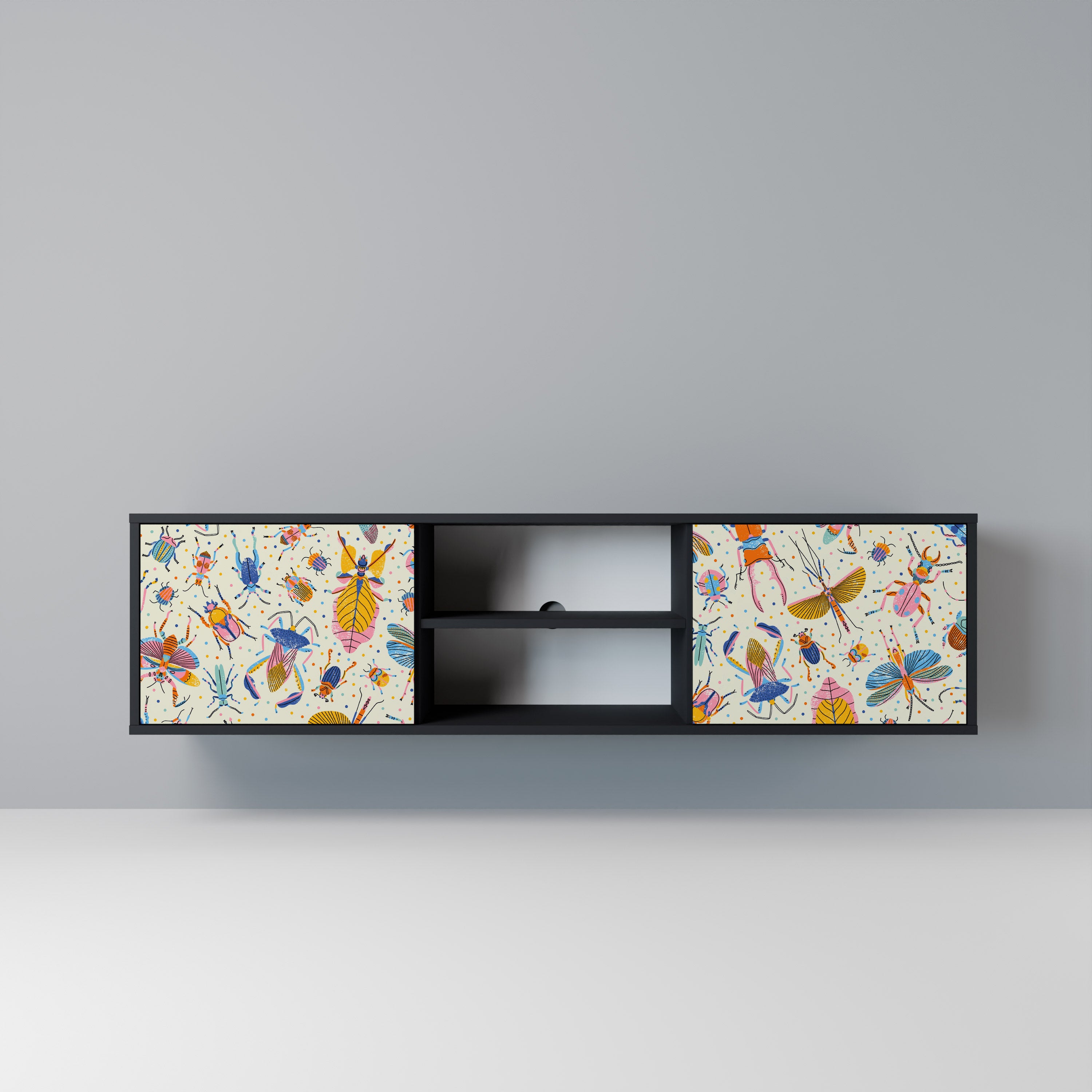 Mueble de TV de 2 puertas COLORFUL INSECTS en acabado negro