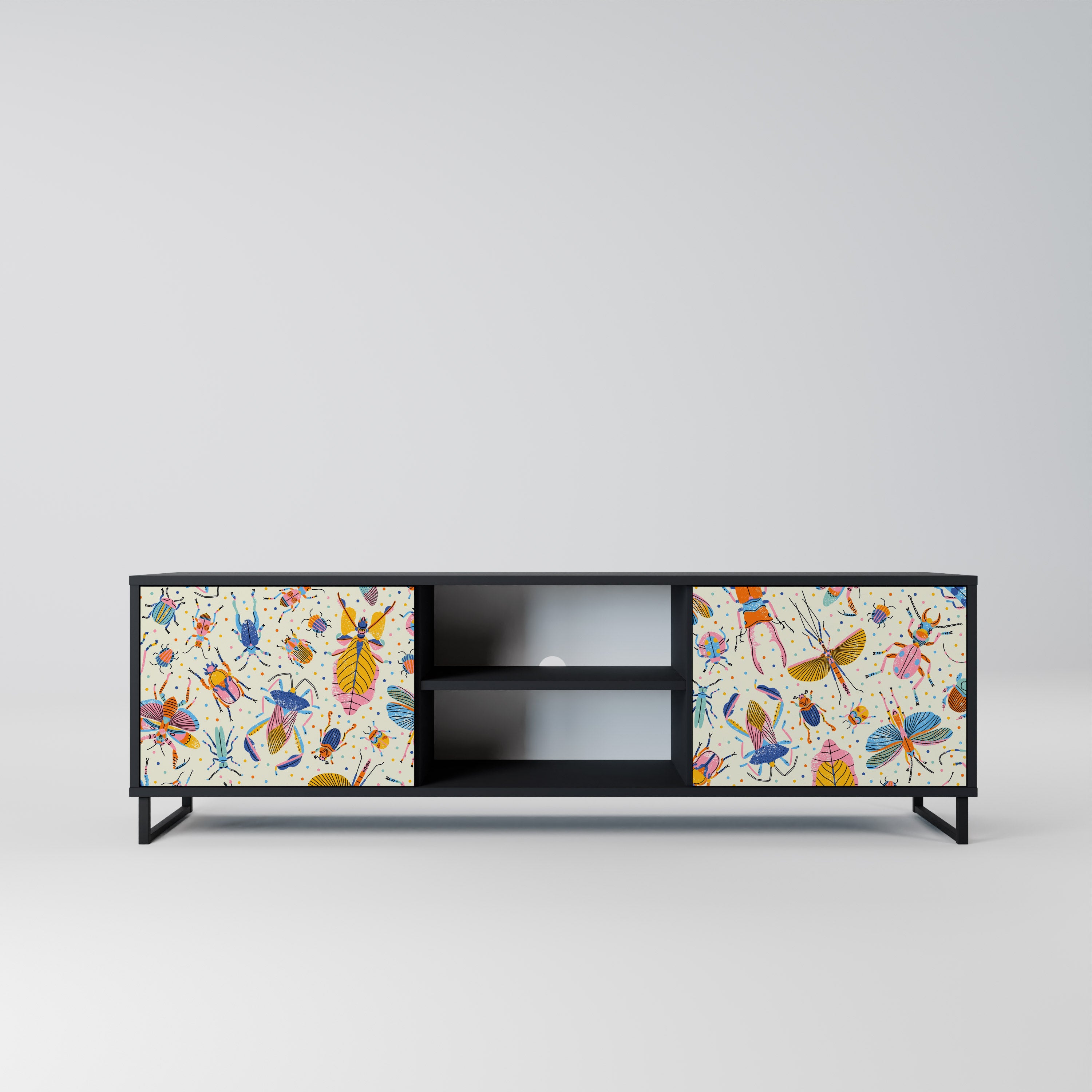 Mueble de TV de 2 puertas COLORFUL INSECTS en acabado negro