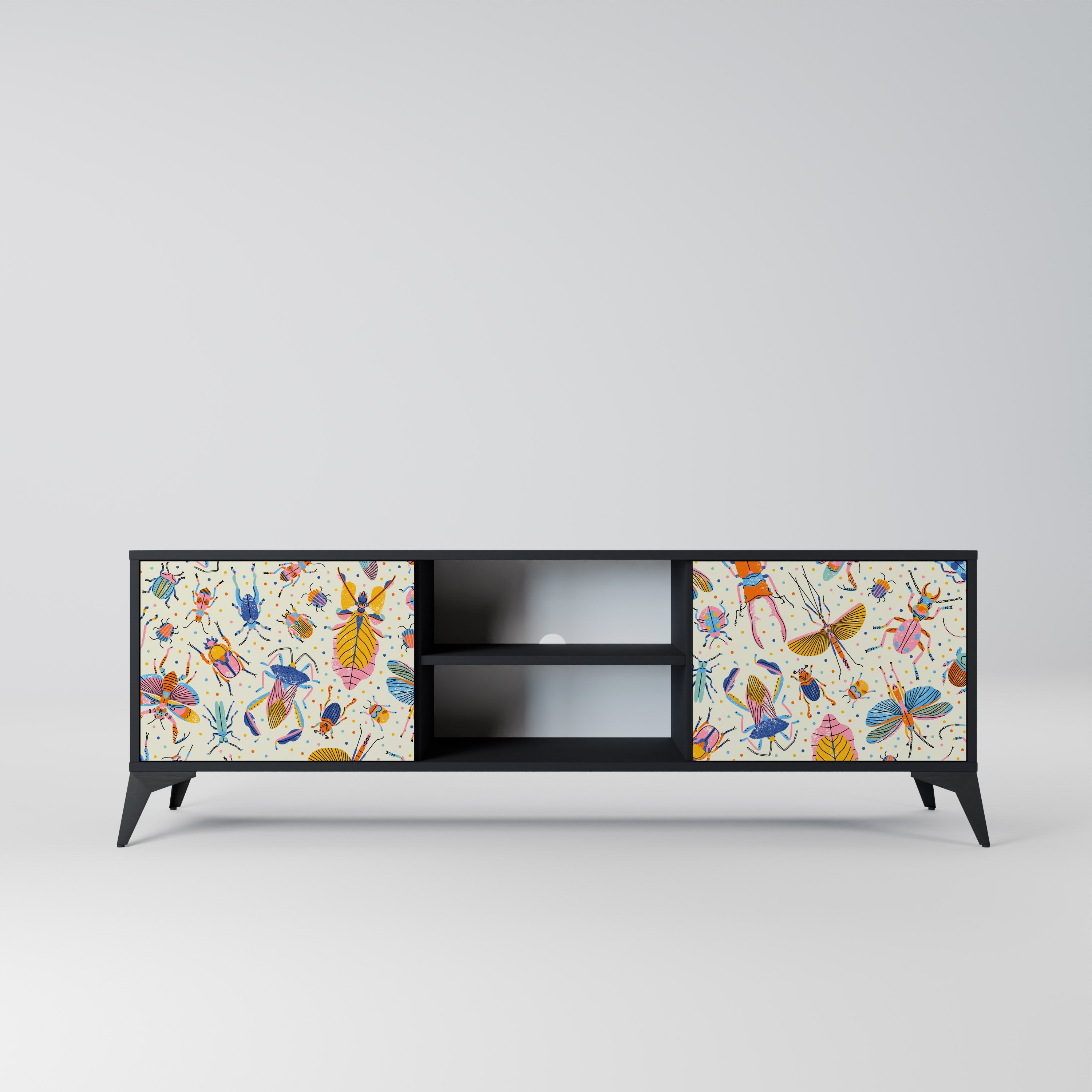 Mueble de TV de 2 puertas COLORFUL INSECTS en acabado negro