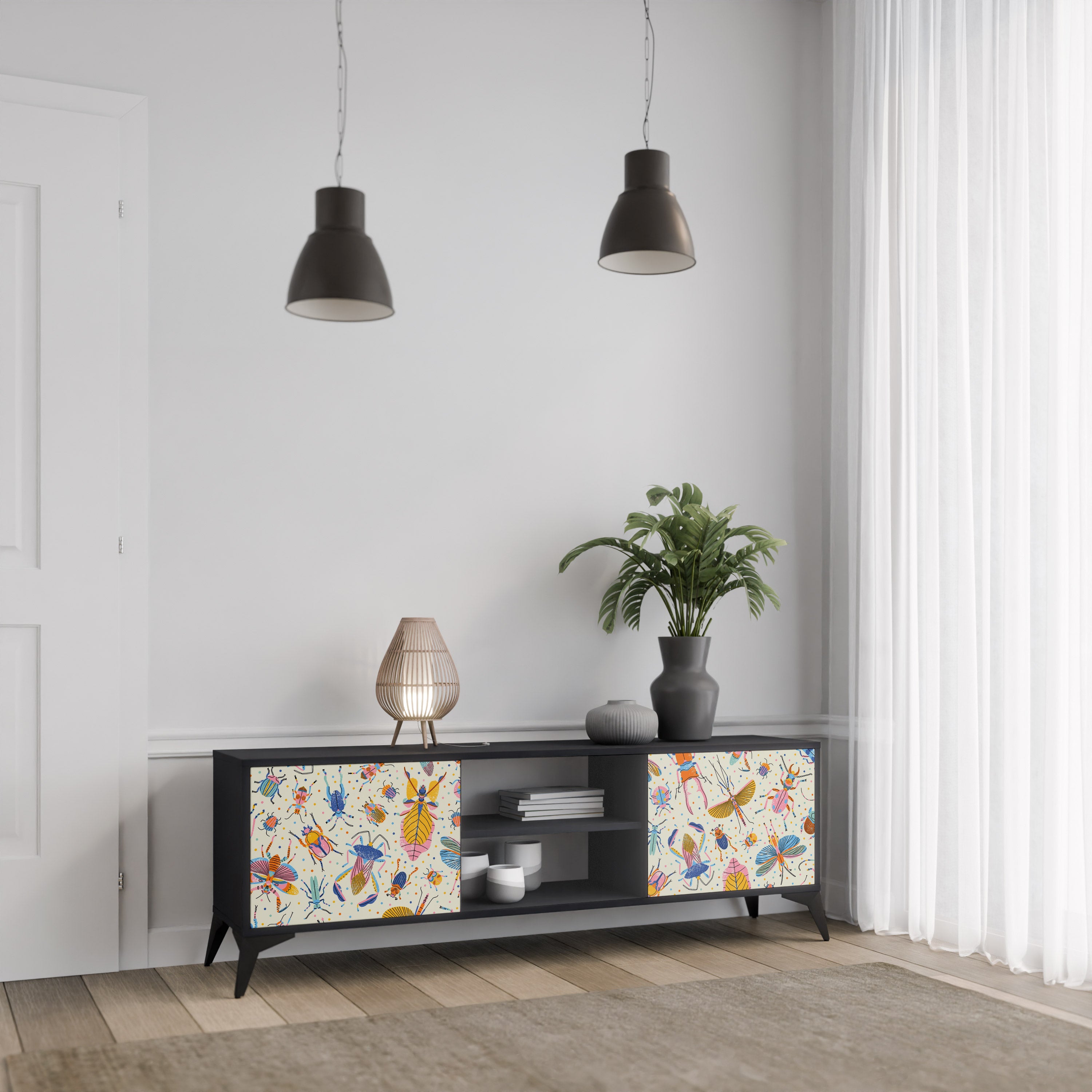 Mueble de TV de 2 puertas COLORFUL INSECTS en acabado negro