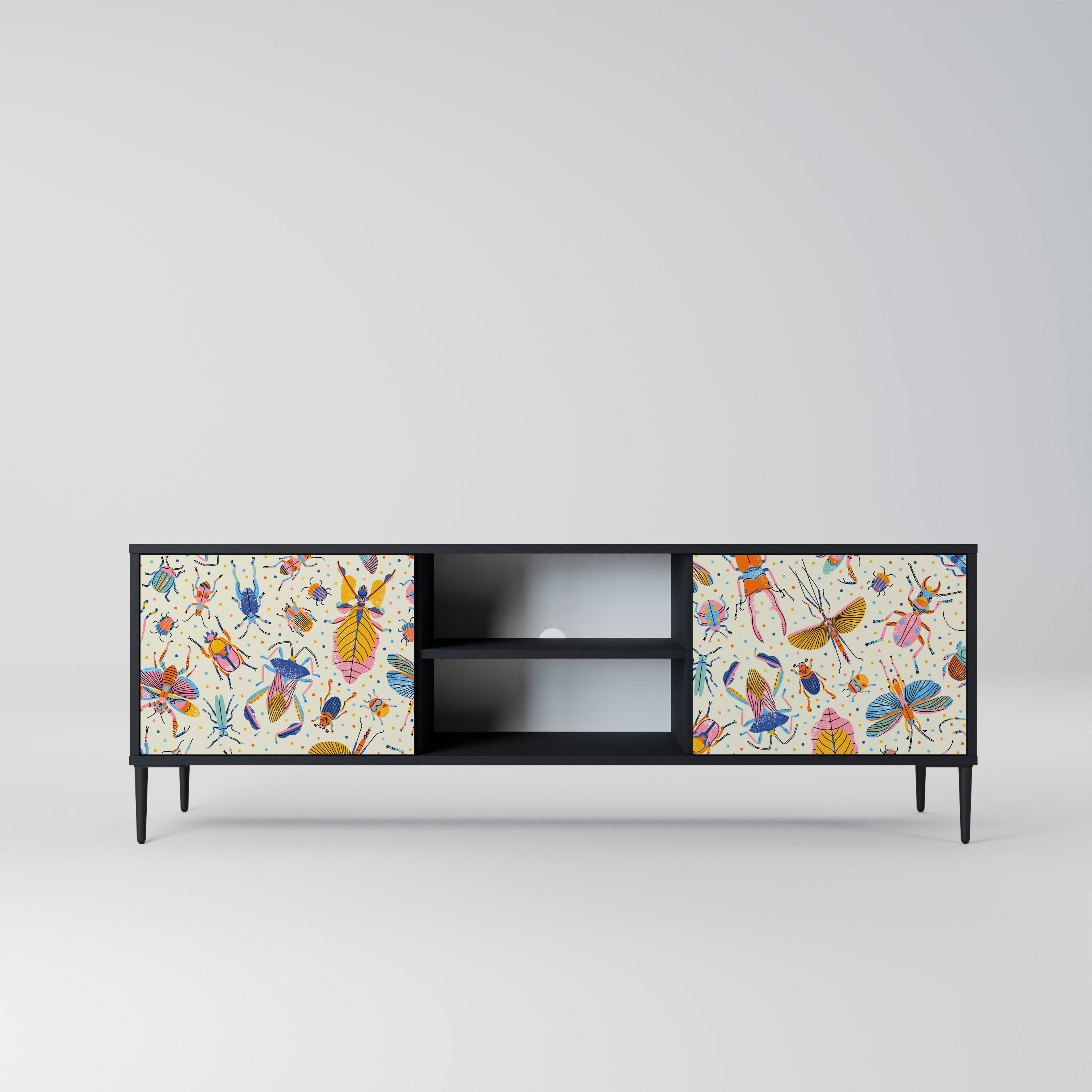 Mueble de TV de 2 puertas COLORFUL INSECTS en acabado negro