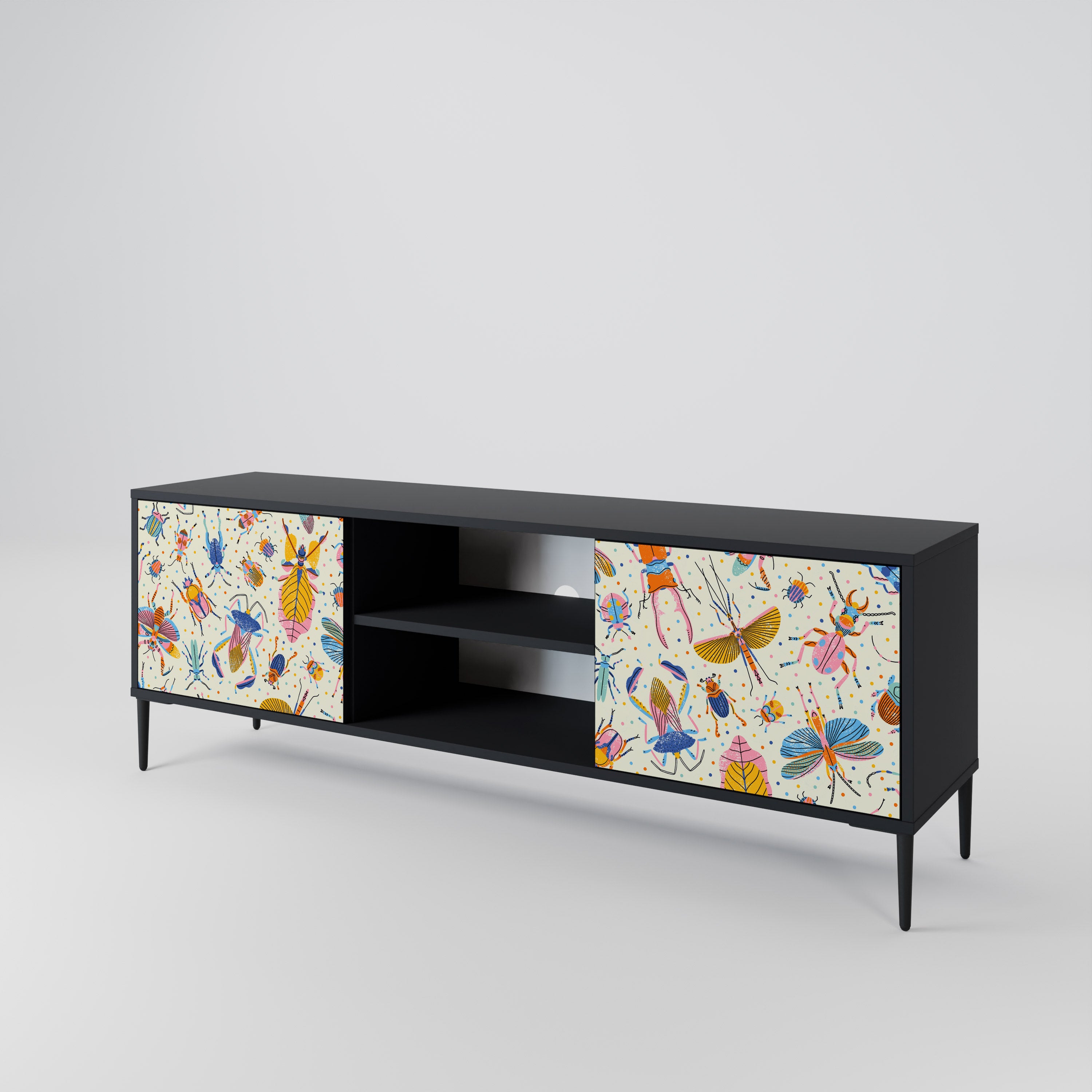 Mueble de TV de 2 puertas COLORFUL INSECTS en acabado negro