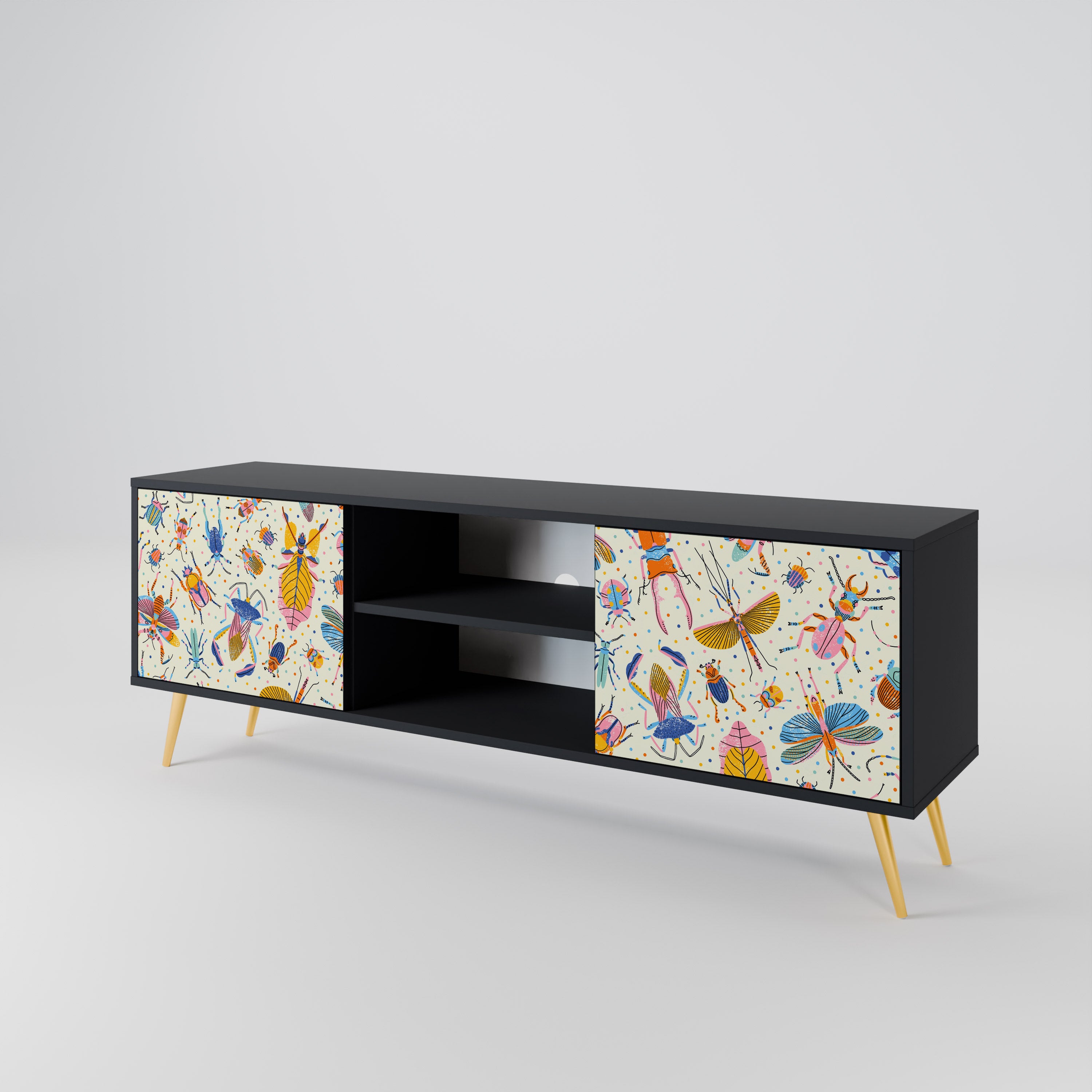 Mueble de TV de 2 puertas COLORFUL INSECTS en acabado negro