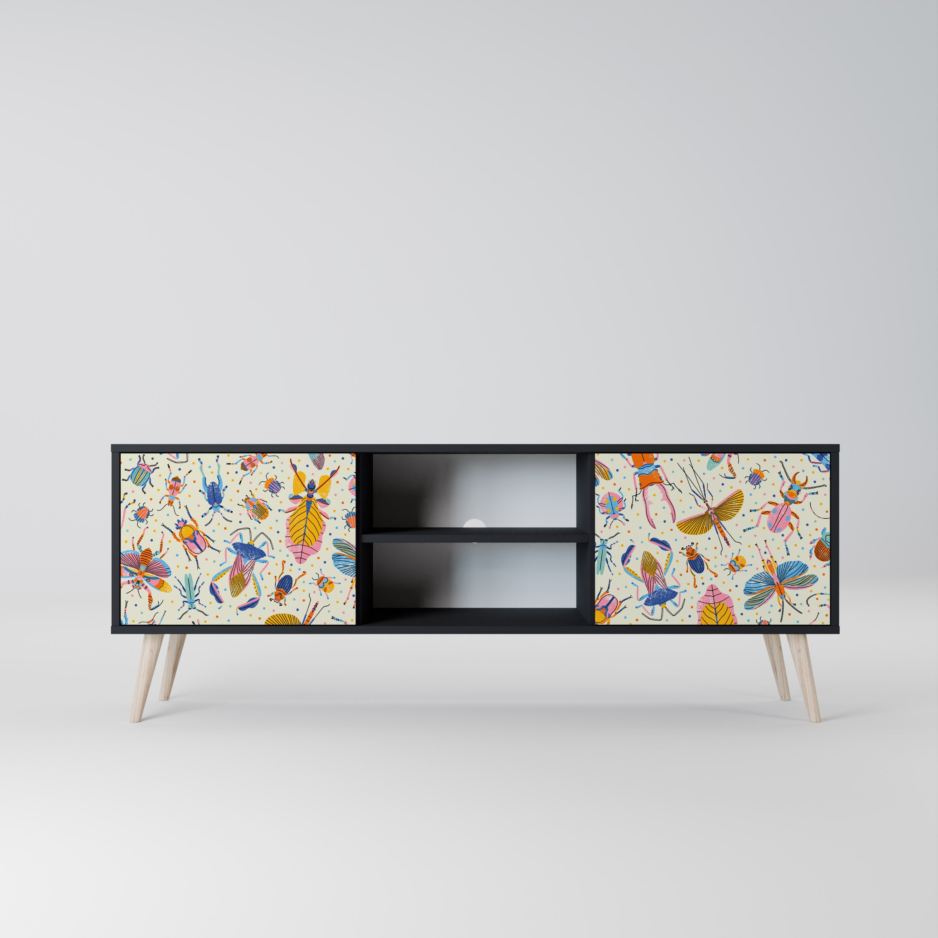 Mueble de TV de 2 puertas COLORFUL INSECTS en acabado negro