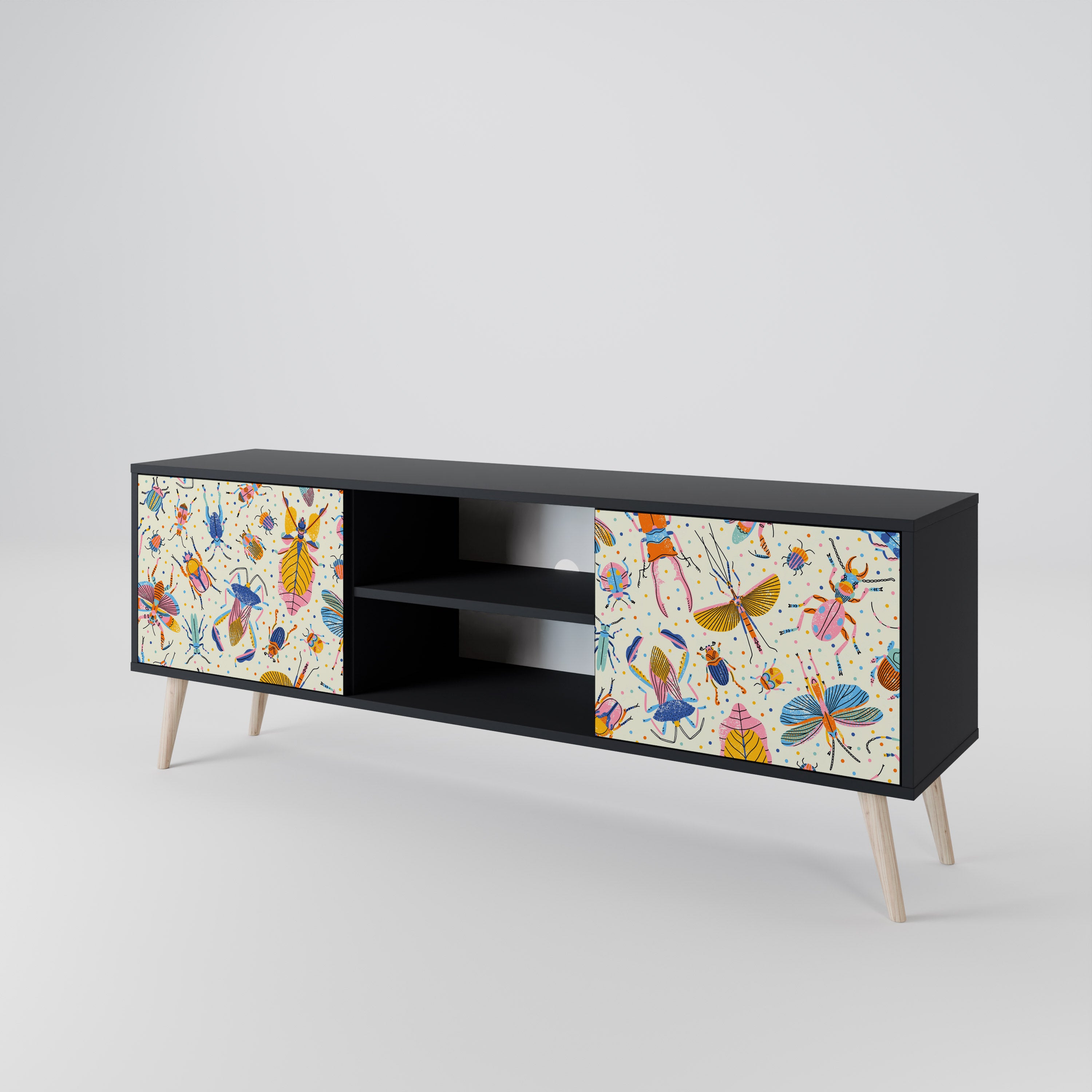 Mueble de TV de 2 puertas COLORFUL INSECTS en acabado negro