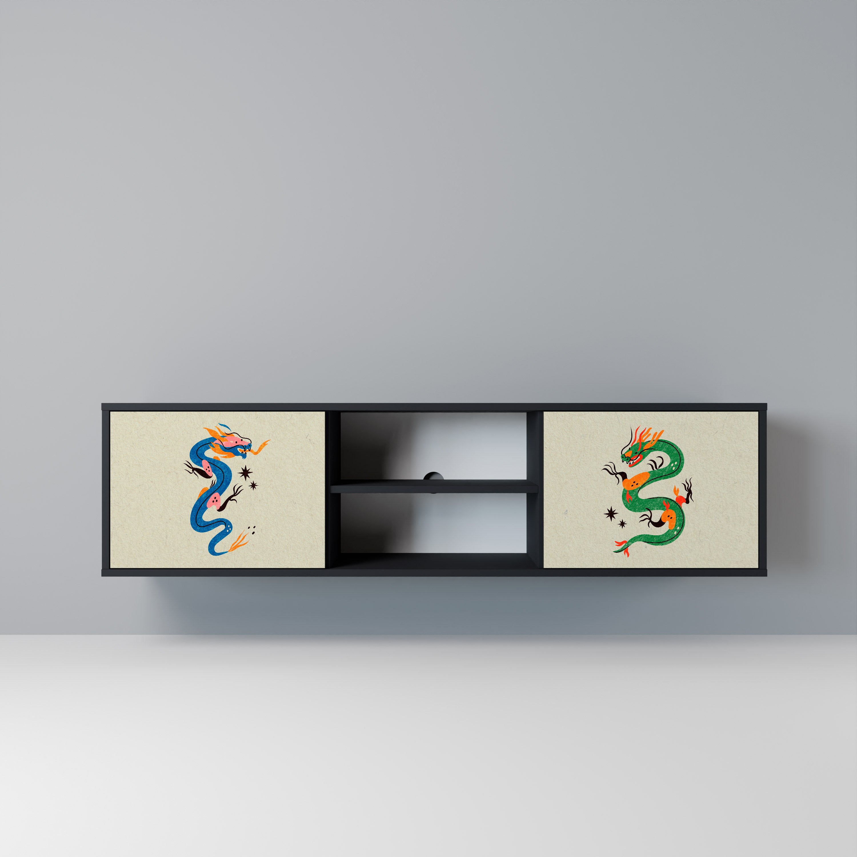 Mueble de TV de 2 puertas con acabado negro CRIATURAS MITOLÓGICAS