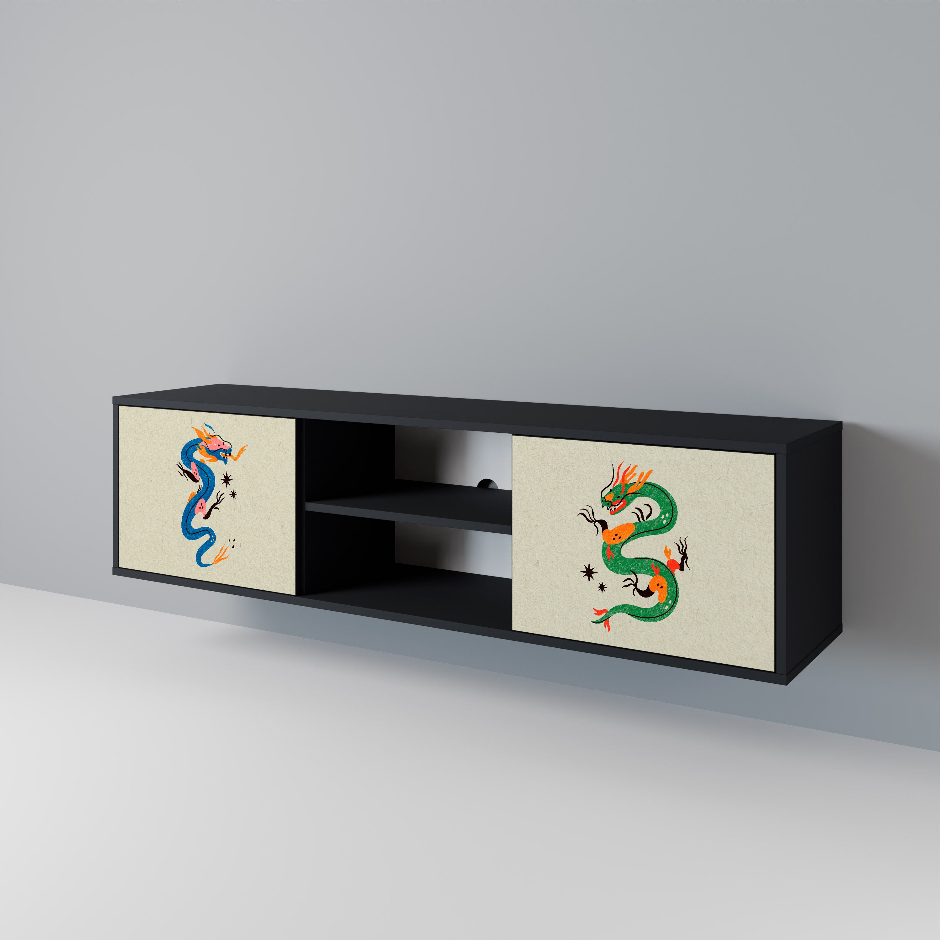 Mueble de TV de 2 puertas con acabado negro CRIATURAS MITOLÓGICAS