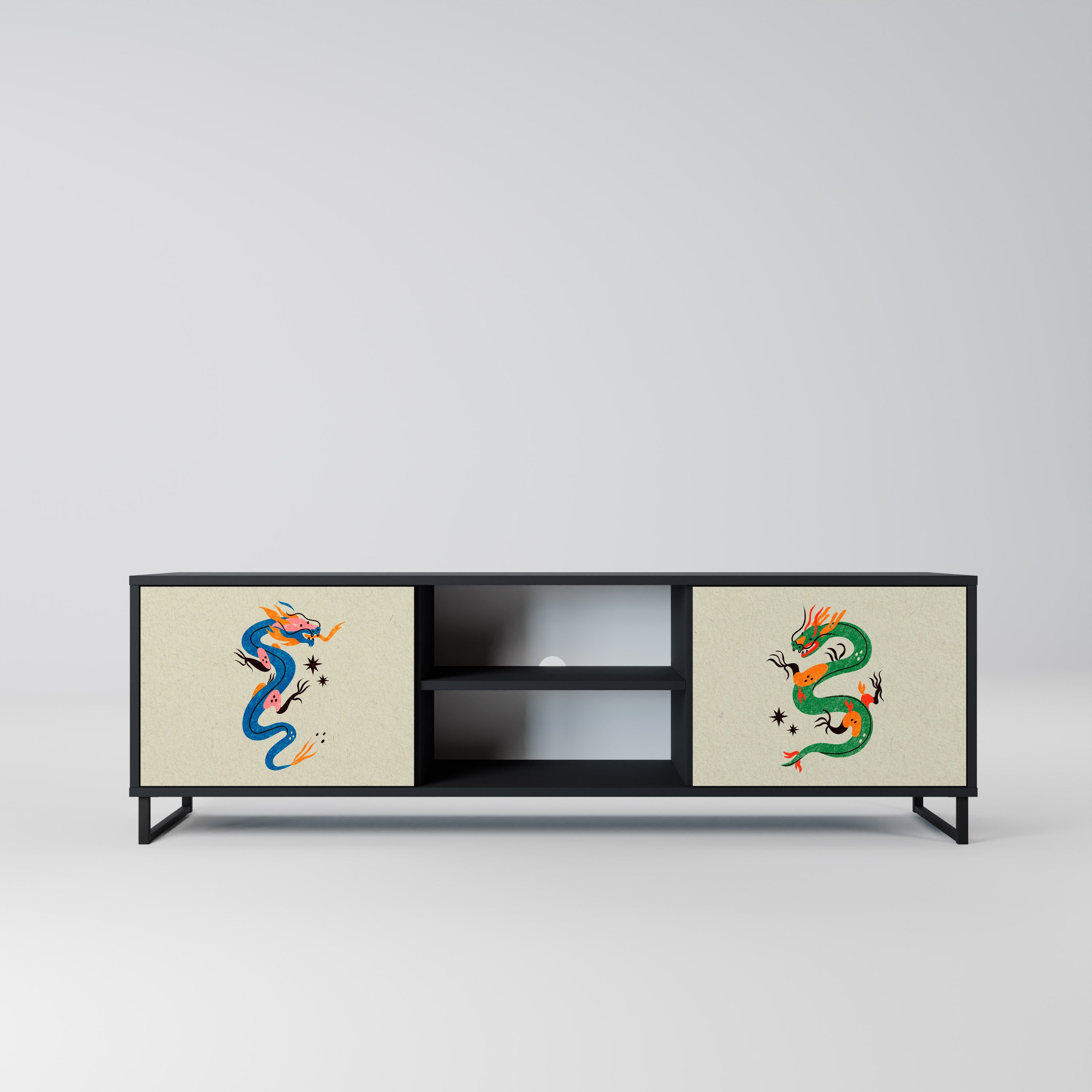 Mueble de TV de 2 puertas con acabado negro CRIATURAS MITOLÓGICAS