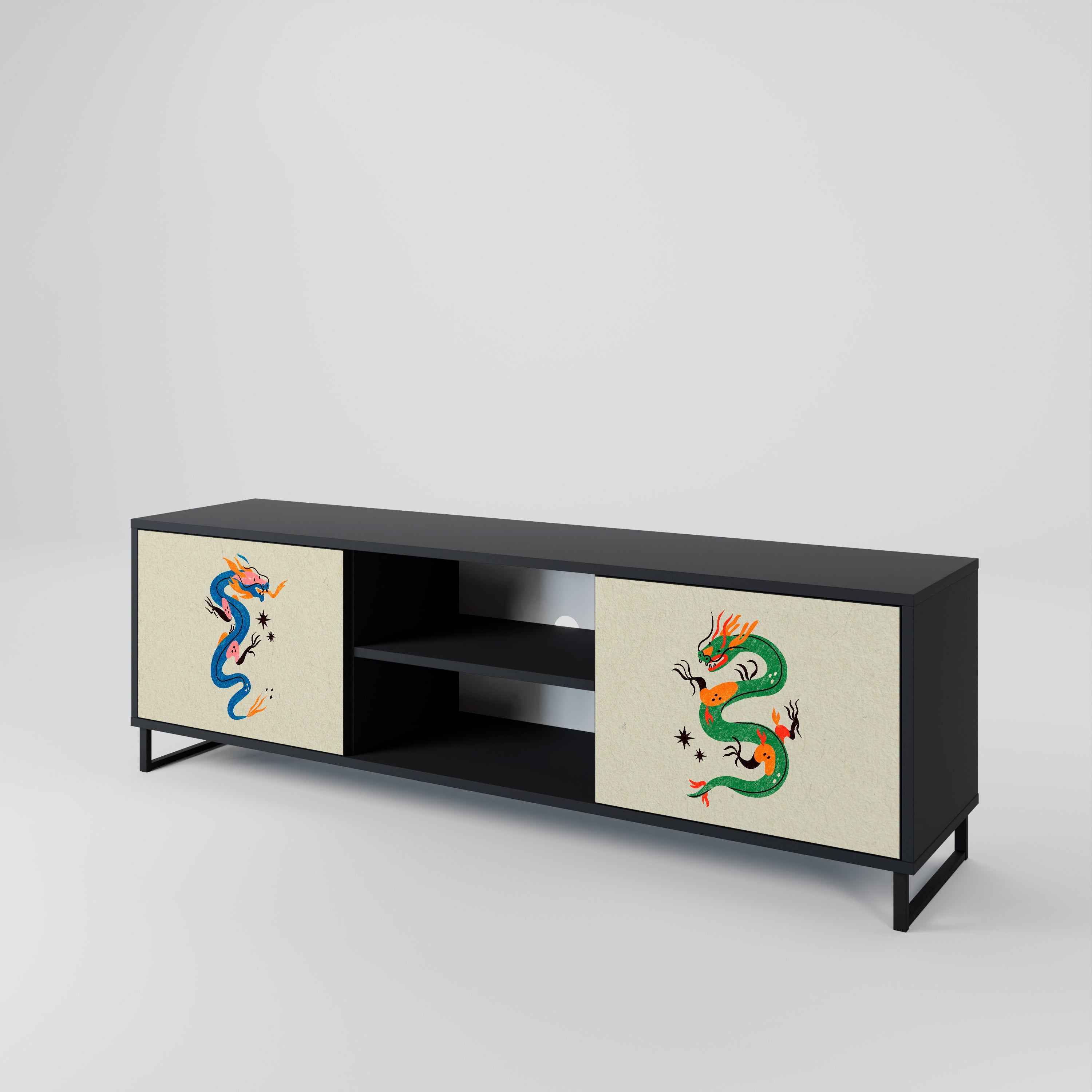 Mueble de TV de 2 puertas con acabado negro CRIATURAS MITOLÓGICAS